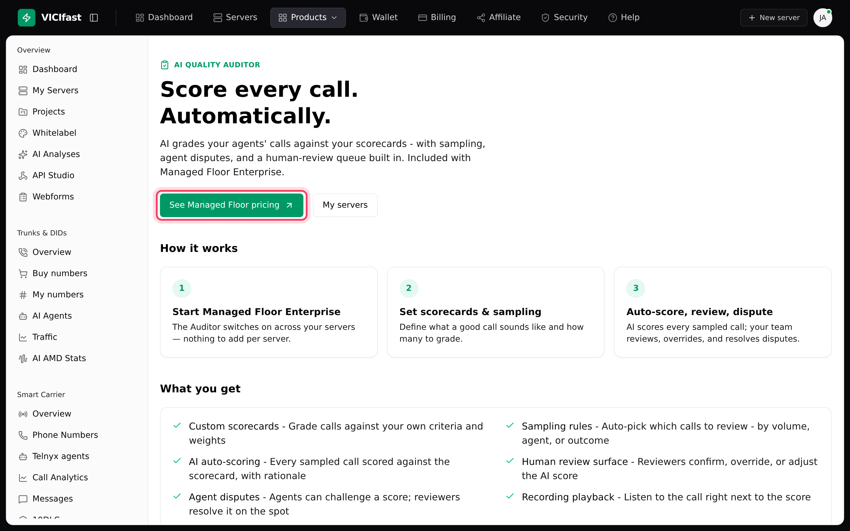 The AI Quality Auditor page, as shown before a server is on Managed Floor Enterprise