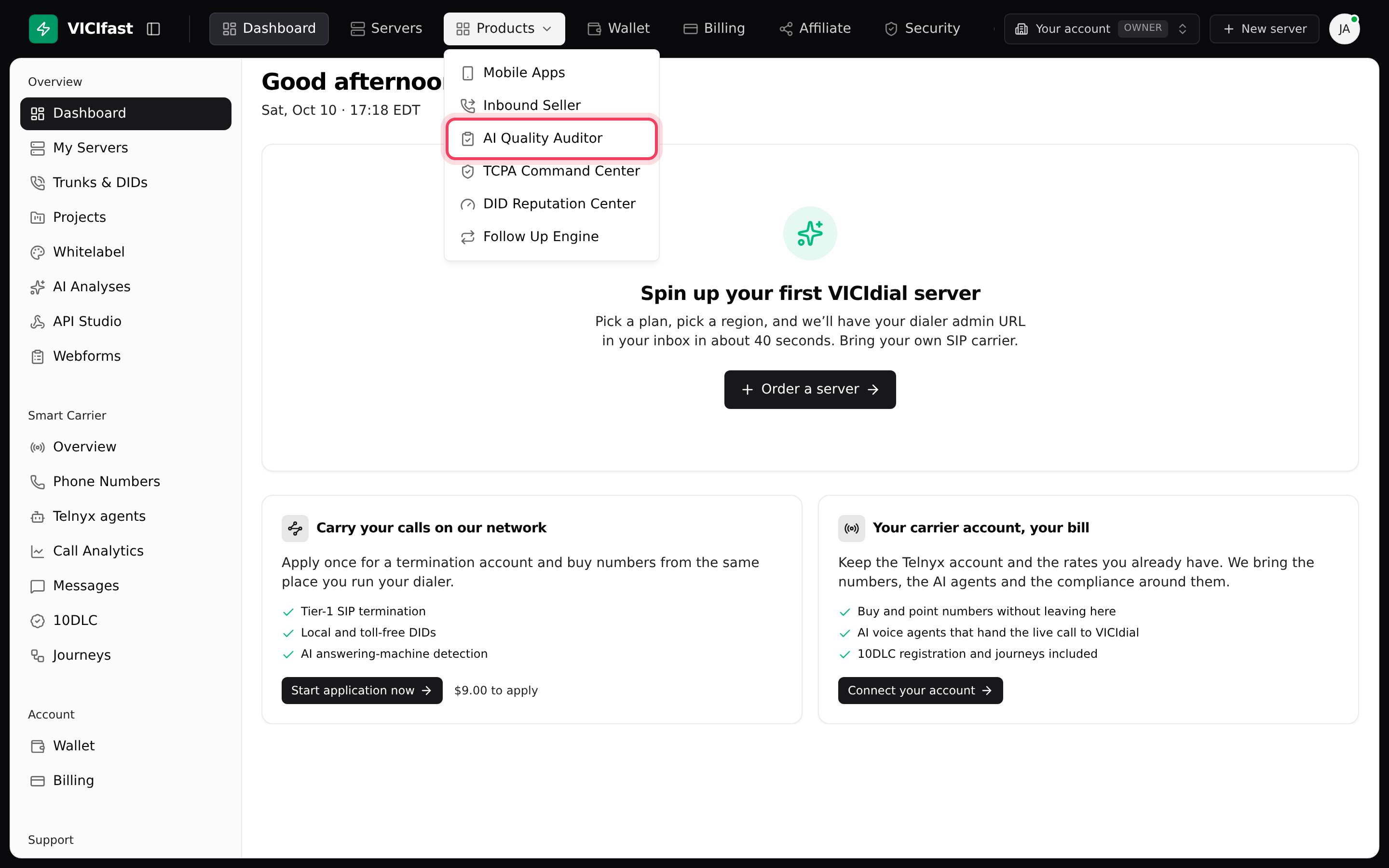Products menu with AI Quality Auditor