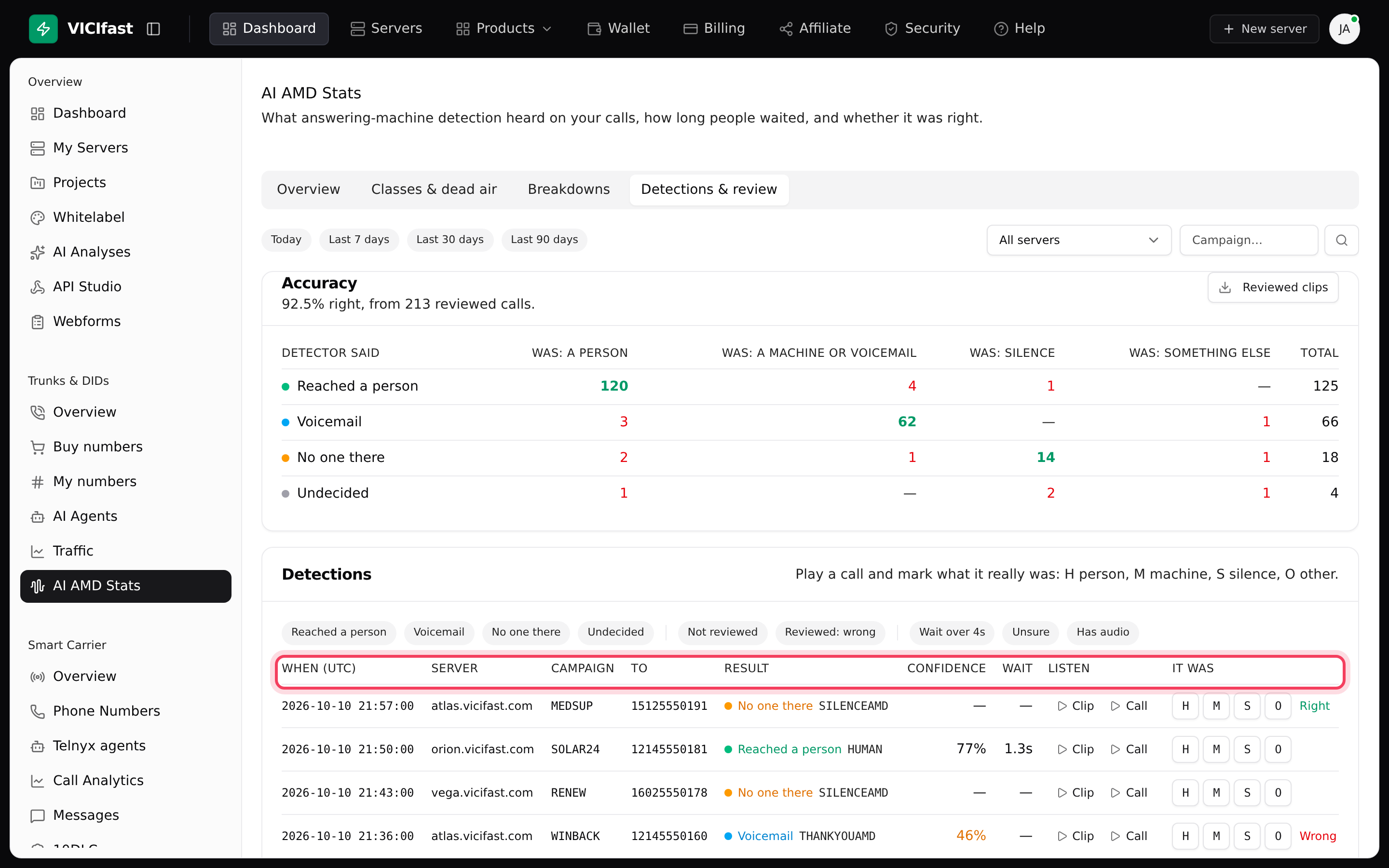 Detections & review: listen to a call and mark what it was