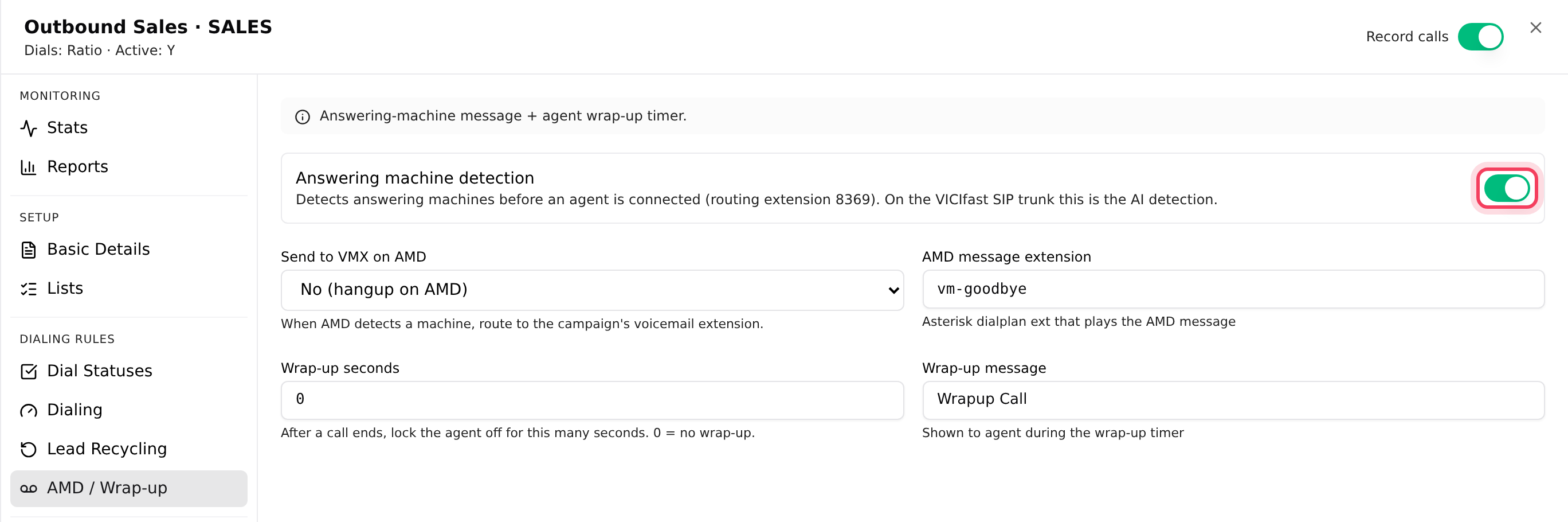 A campaign's AMD / Wrap-up tab with detection switched on