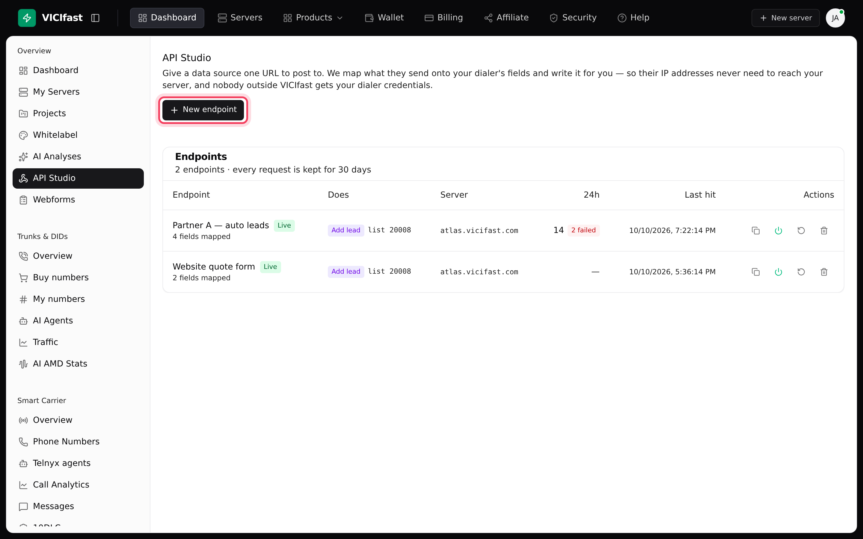 API Studio lists your endpoints, with 24-hour traffic and failures