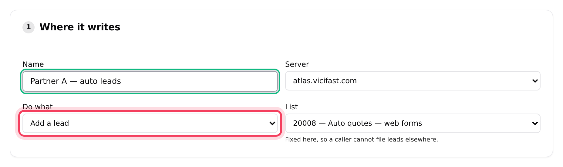 Name, server, what the endpoint does, and the list