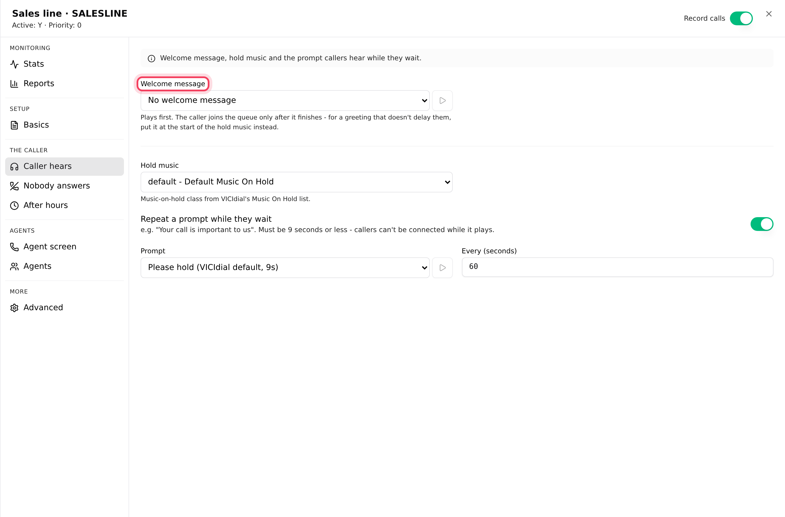 A queue’s Caller hears tab with the Welcome message picker