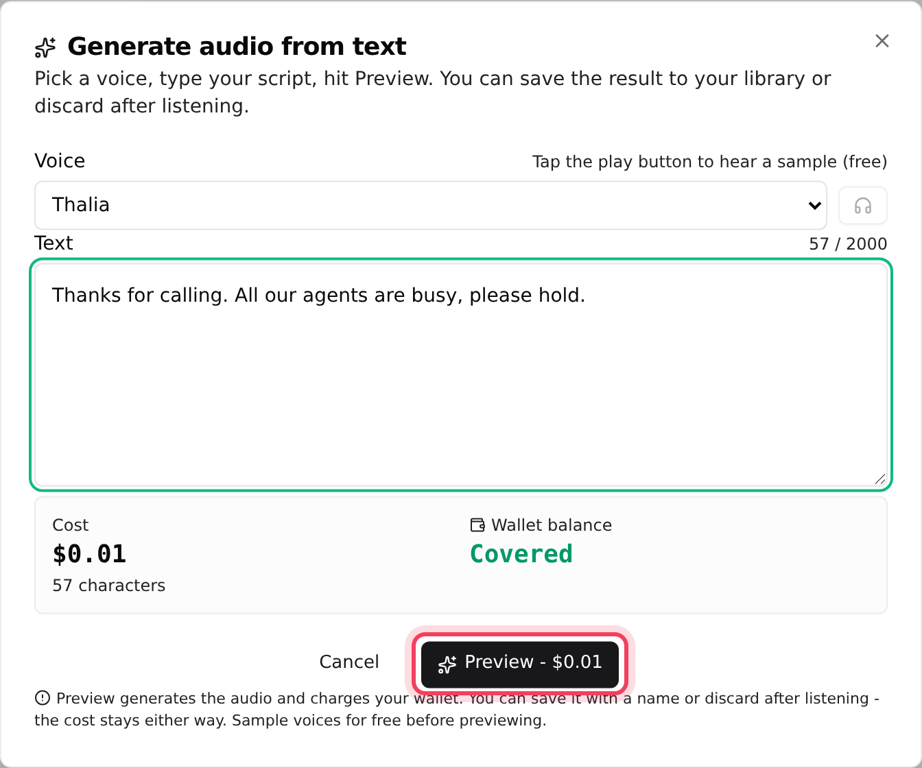 Generate audio from text: voice, script, cost and wallet balance