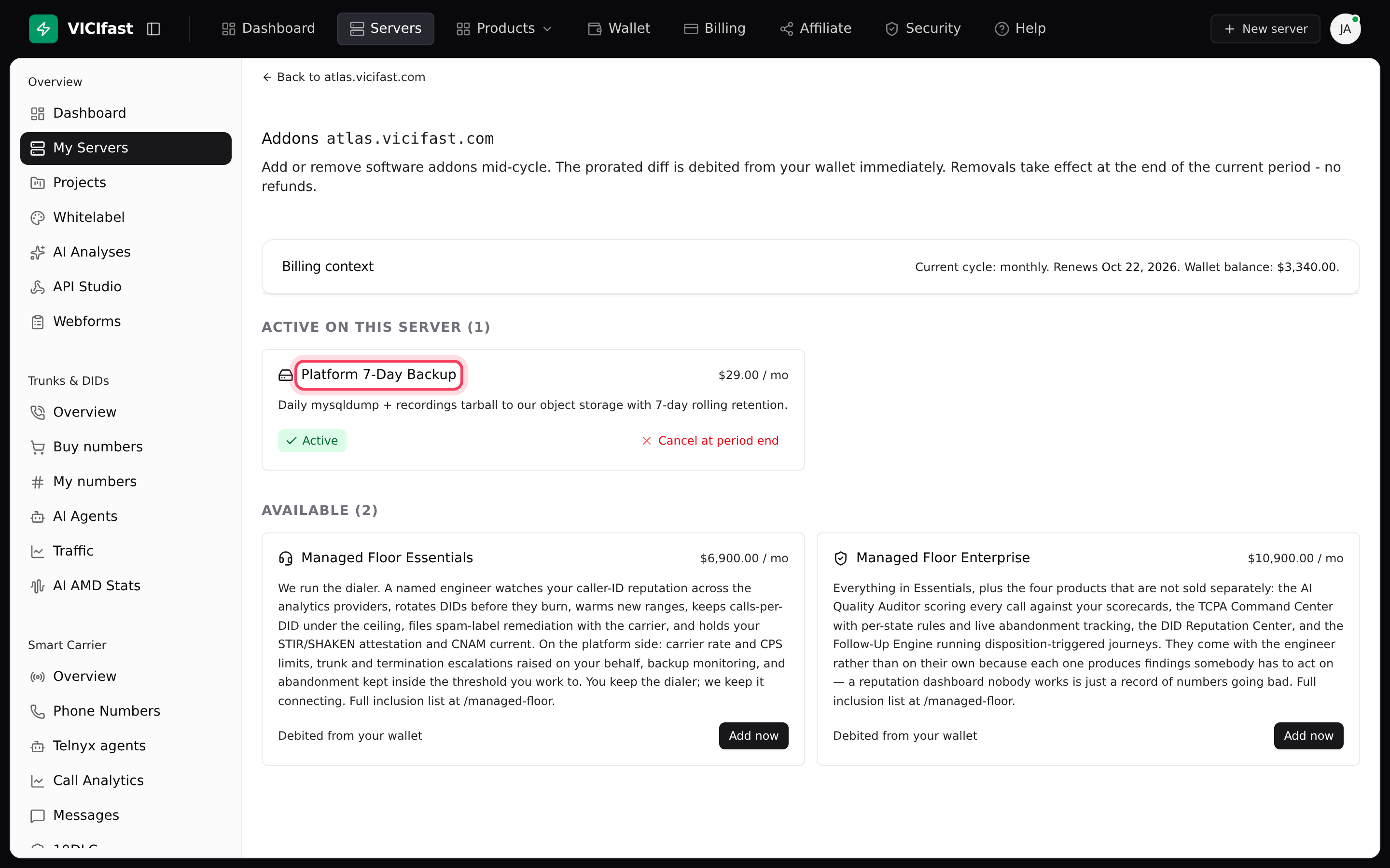 Manage addons: Platform 7-Day Backup