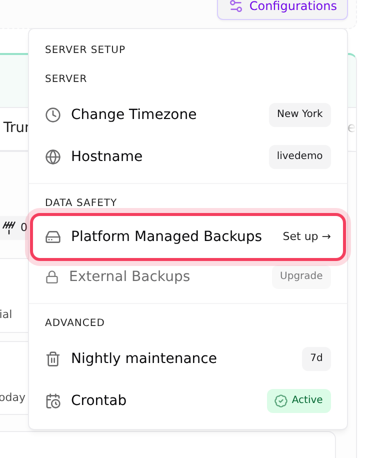 Configurations: your backups under Data safety