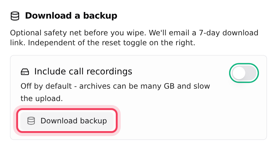 Download a backup, on the left of the factory reset window