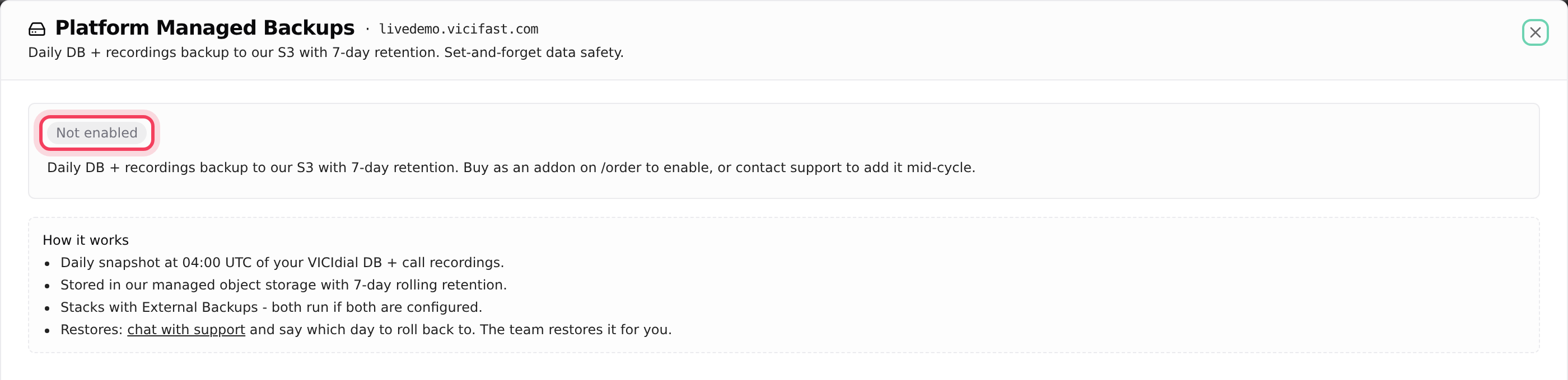 Platform Managed Backups says Not enabled until you add Platform 7-Day Backup