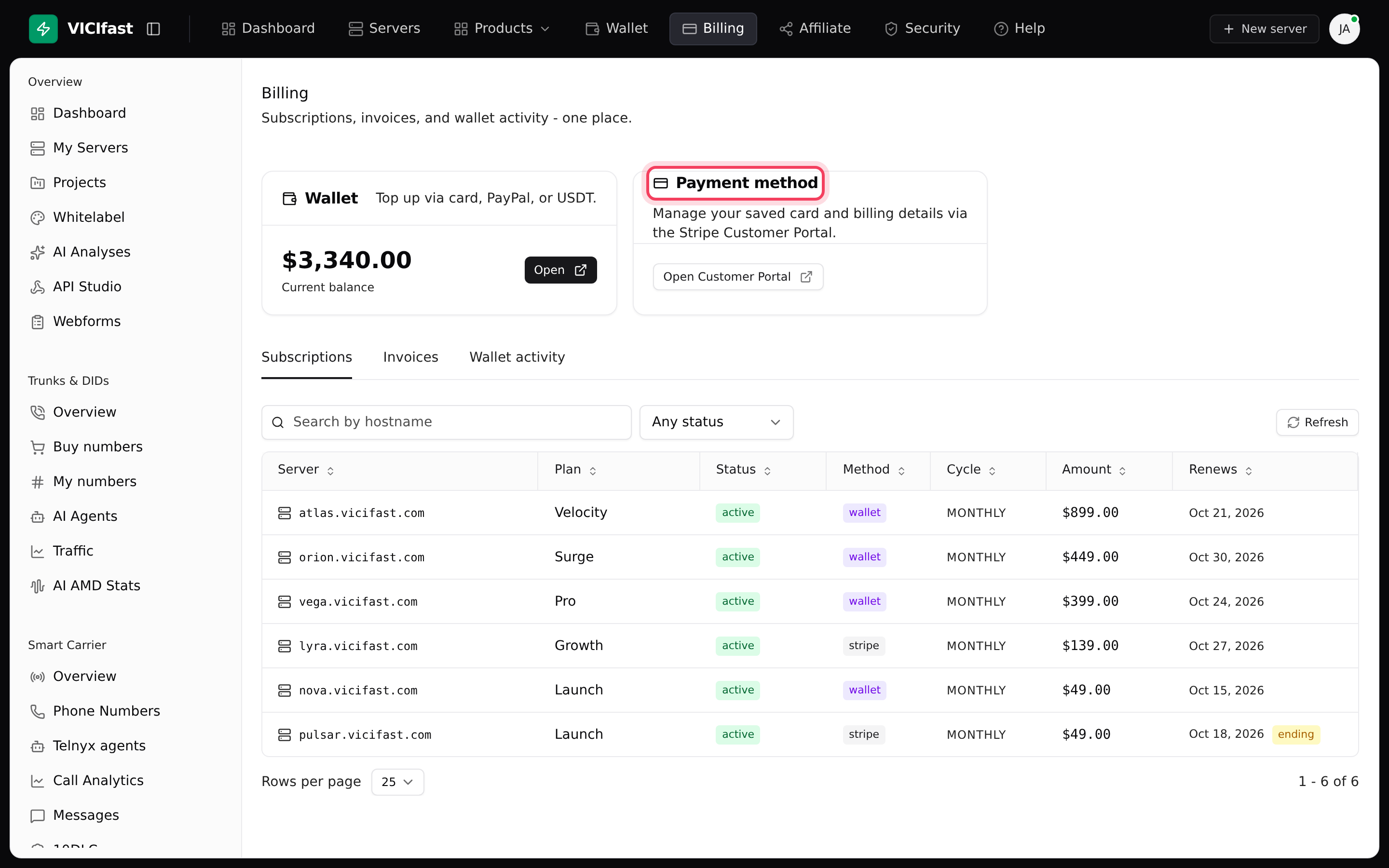 The Billing page: wallet balance, payment method and the three tabs