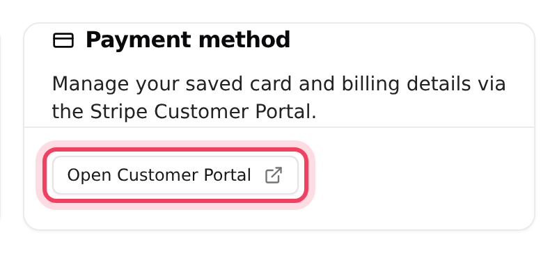 The Payment method card. Open Customer Portal takes you to Stripe