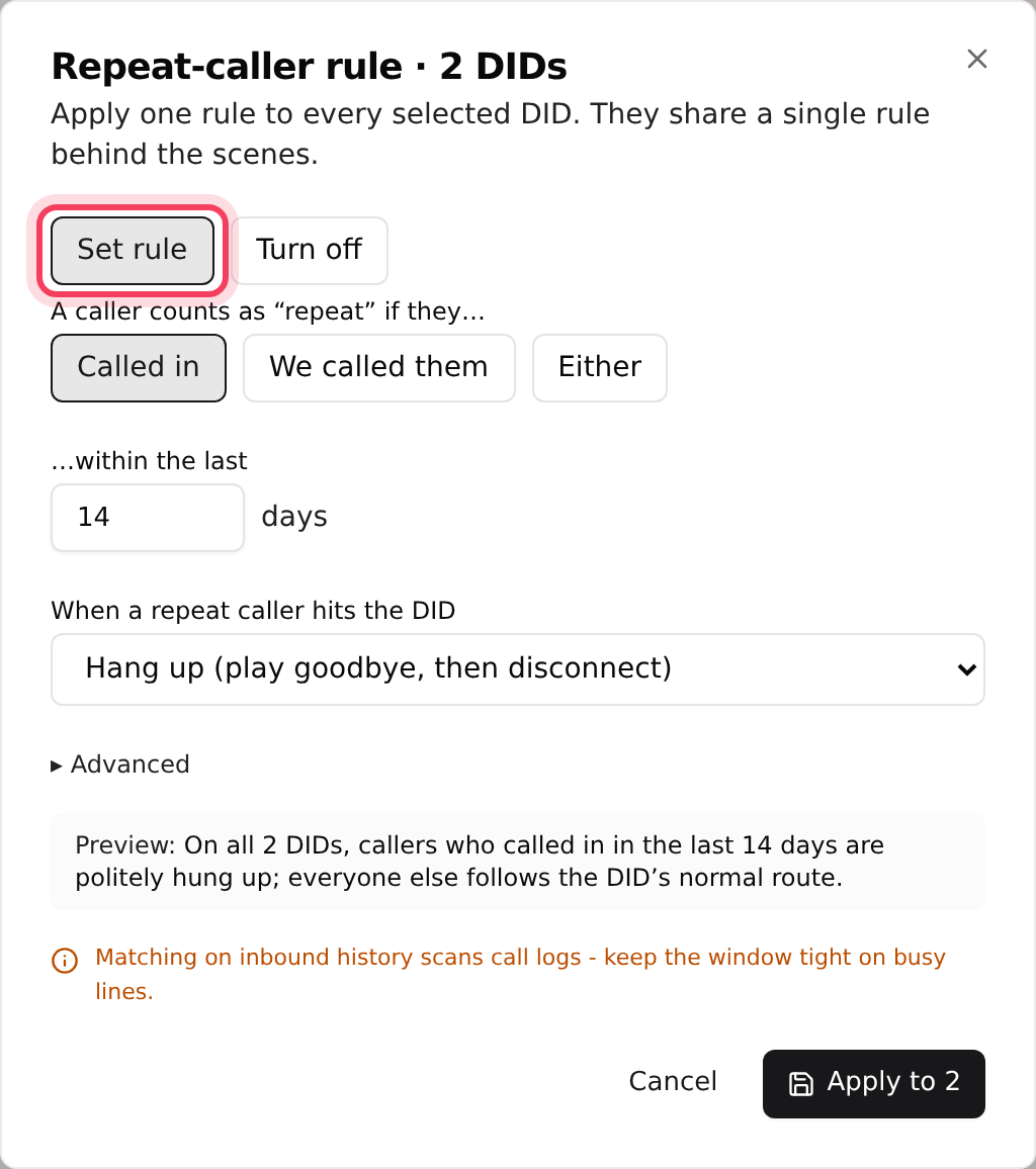 One repeat-caller rule for several numbers at once