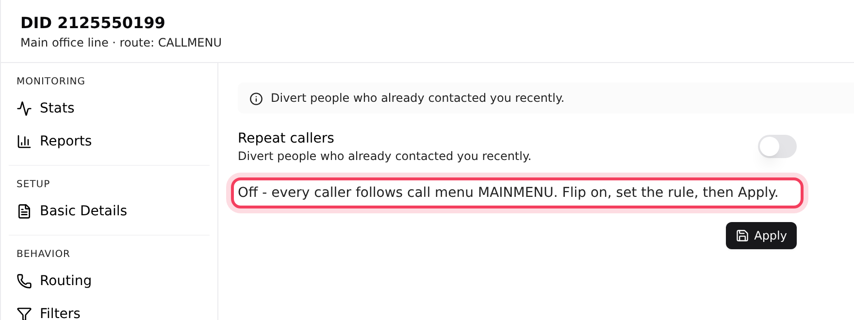 The Repeat callers tab while filtering is off