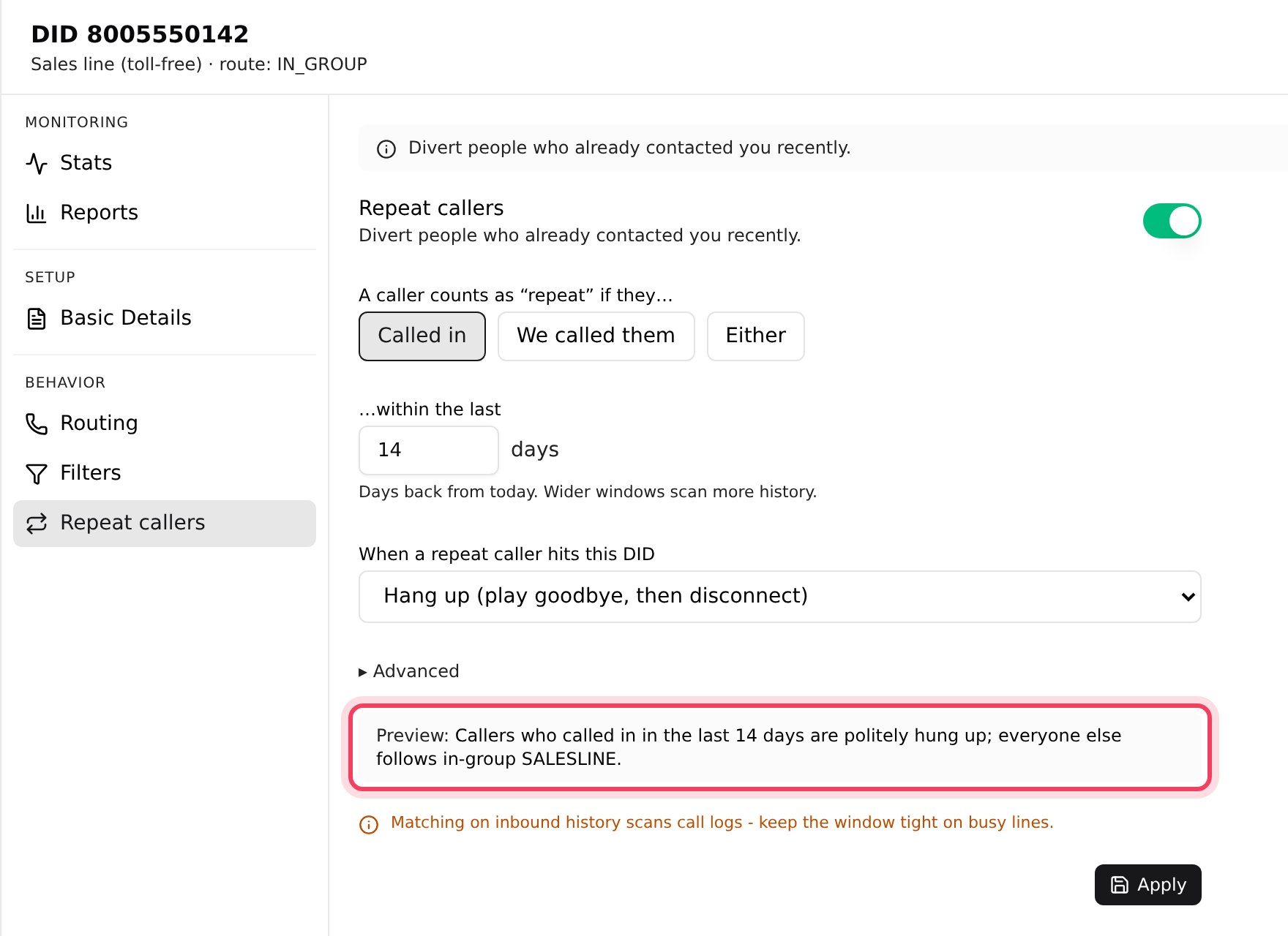 The Repeat callers tab with a 14-day rule and the Preview line