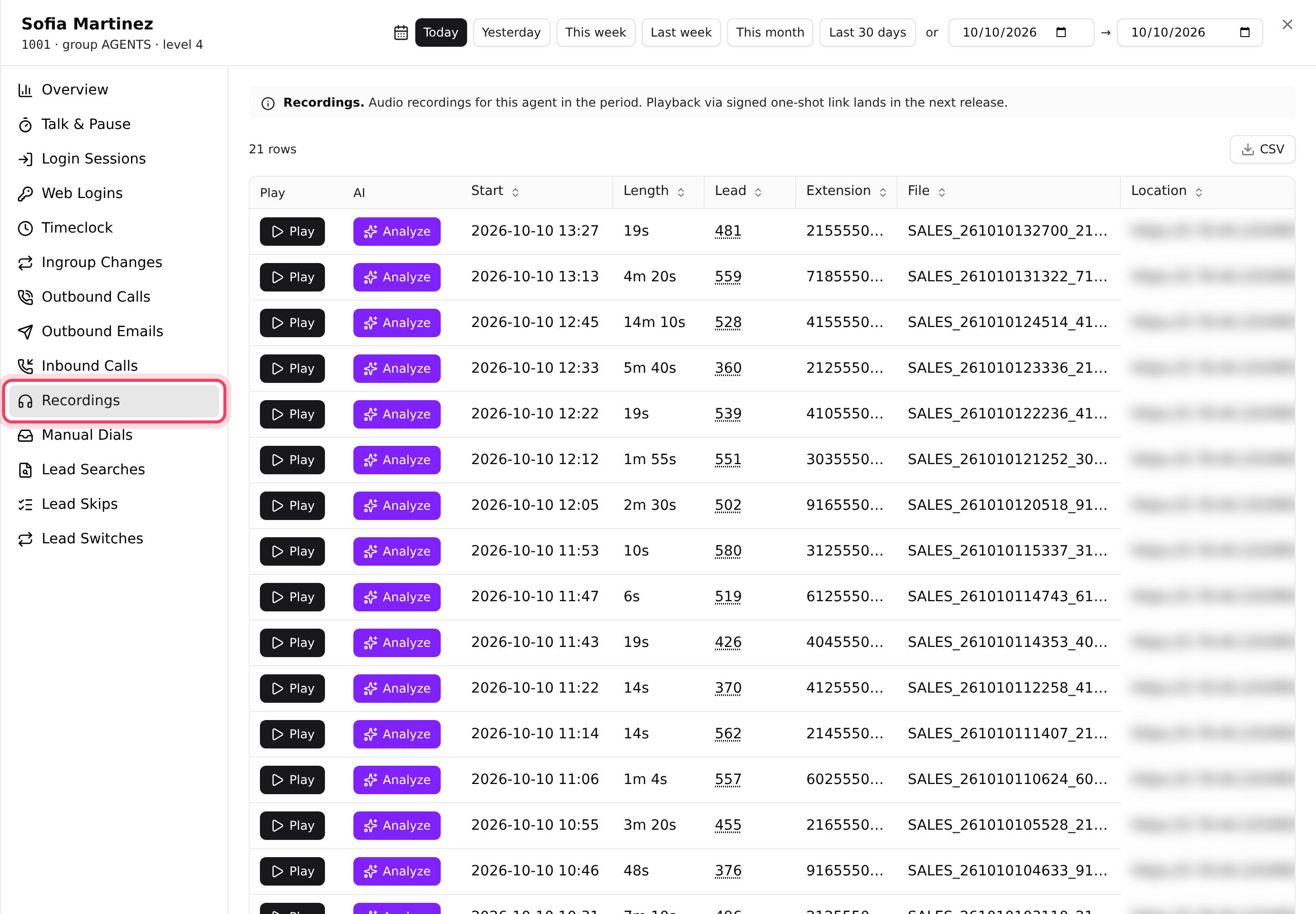 An agent's Recordings tab, opened from the Users tab