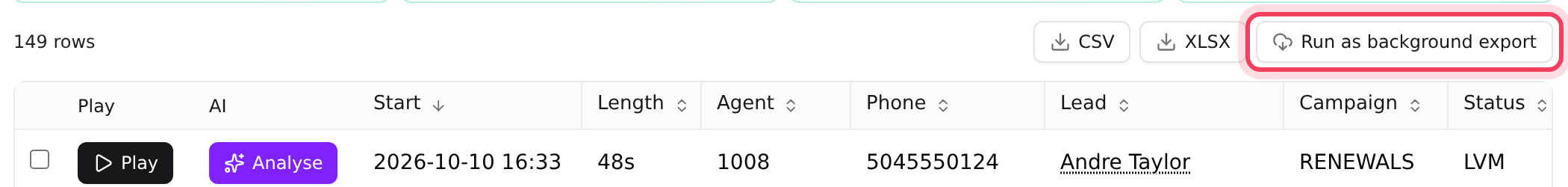 The Run as background export button in Recording search