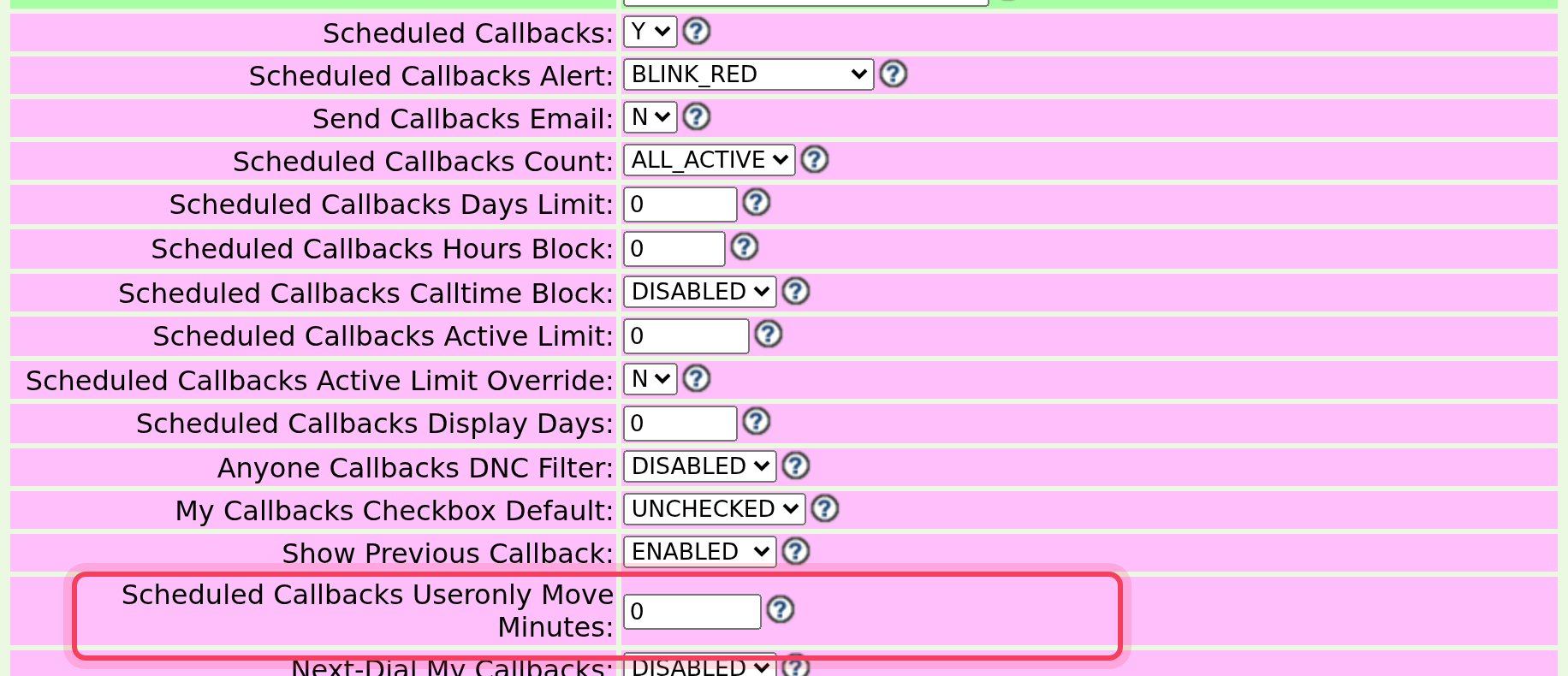 The campaign's callback settings, with Useronly Move Minutes