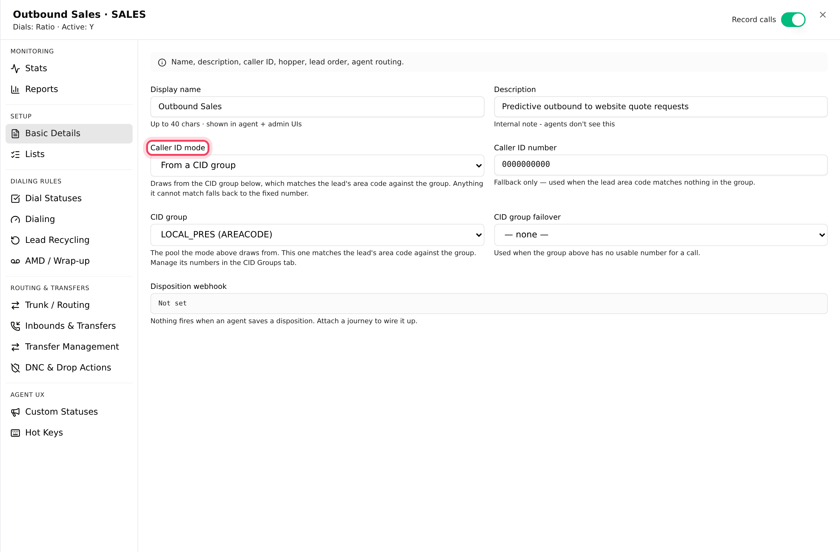 A campaign's caller ID settings on the Basic Details tab