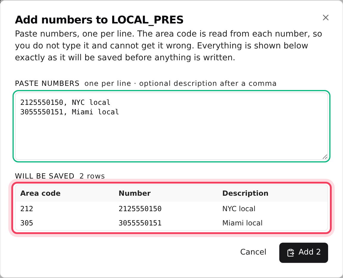 Adding numbers to a CID group, with the Will be saved preview