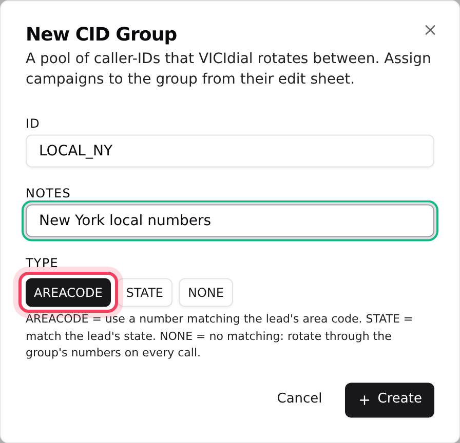 The New CID Group window with the AREACODE type