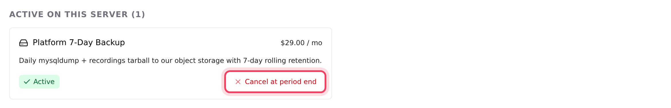 An active add-on with Cancel at period end