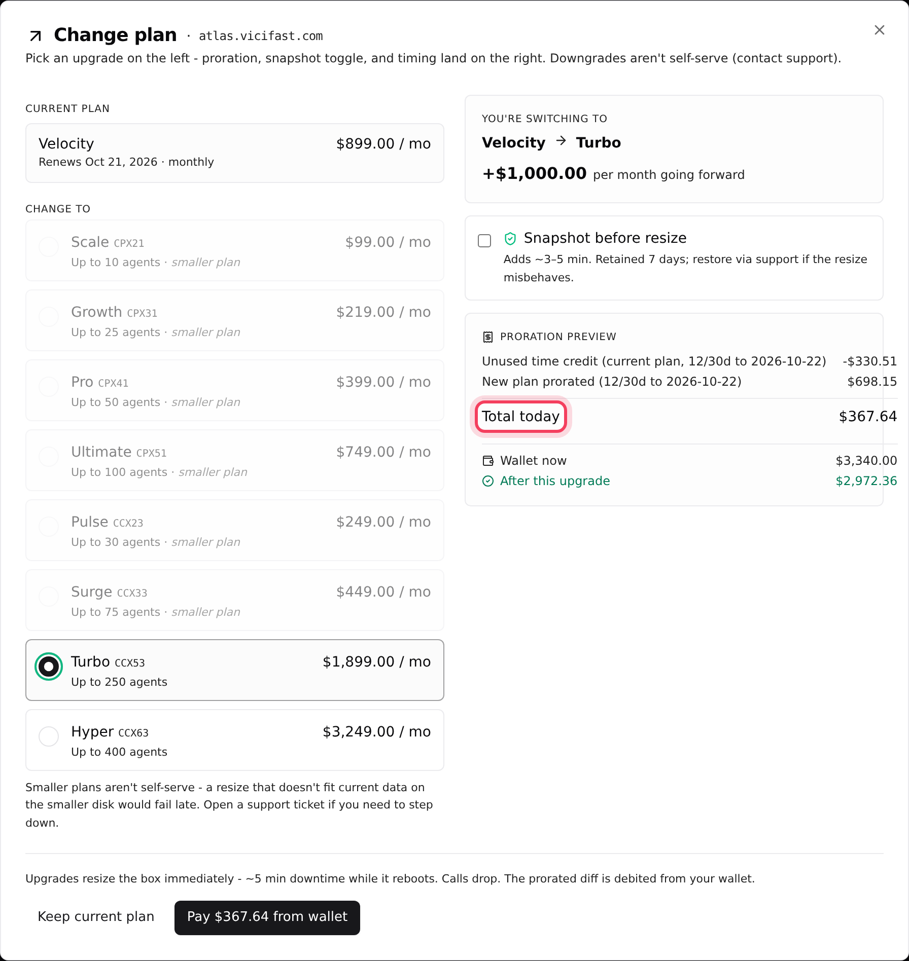 Change plan: pick a bigger plan and check Total today before you confirm