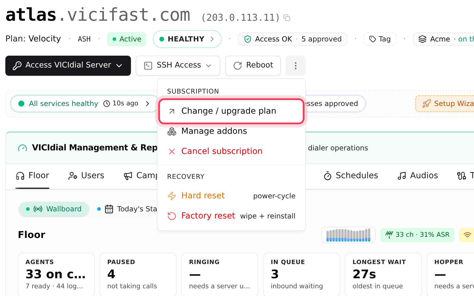 The ⋮ menu: plan, add-ons and cancel under Subscription
