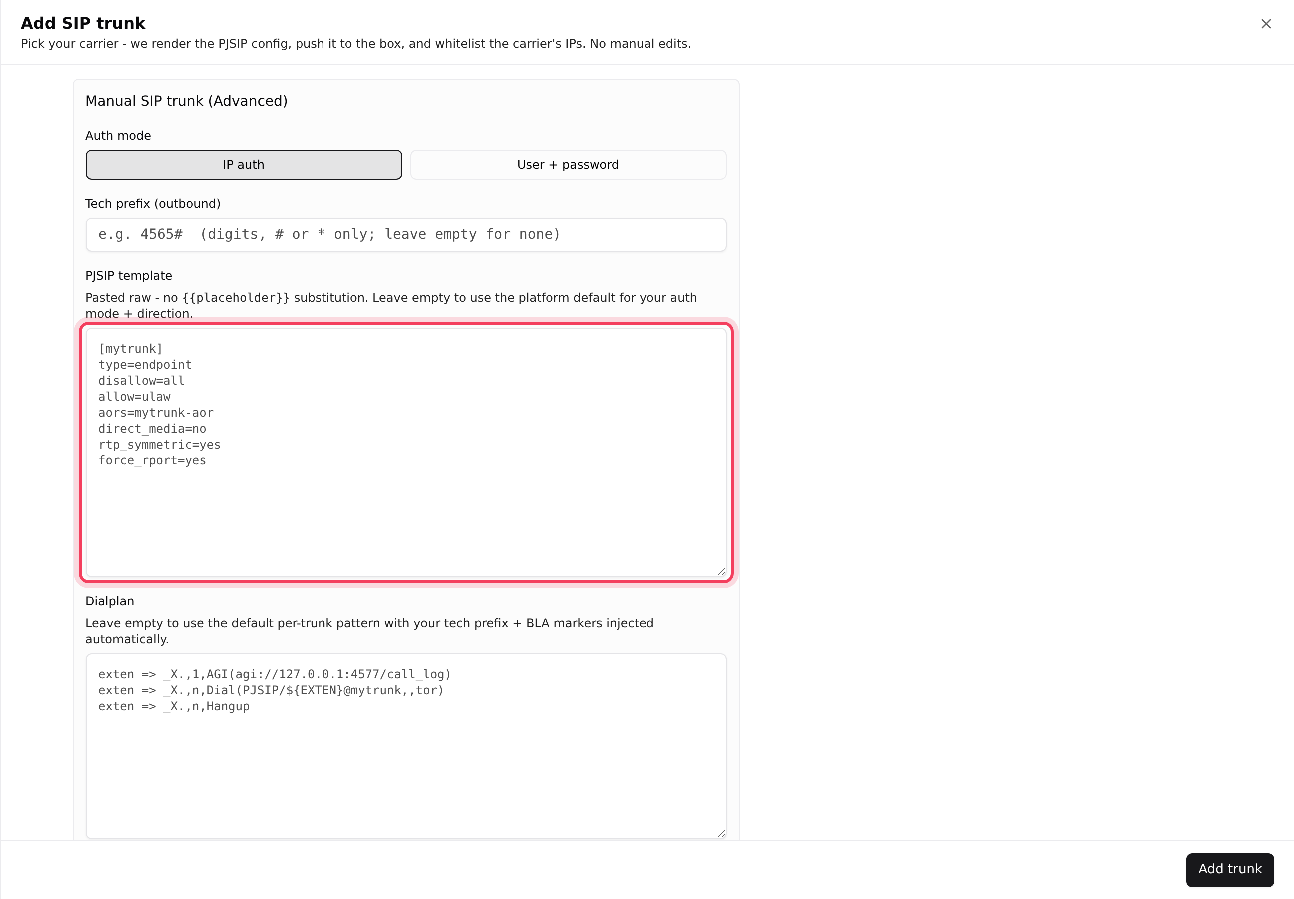 Manual SIP trunk (Advanced): your own PJSIP settings and dialplan