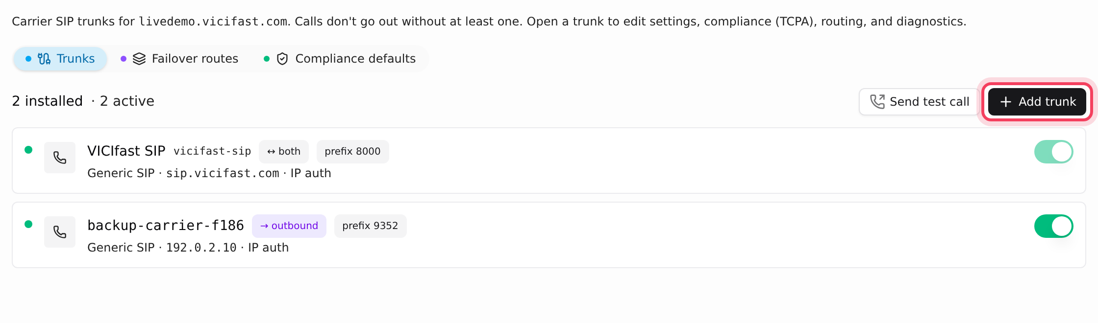 The Trunks tab lists every phone line on your server