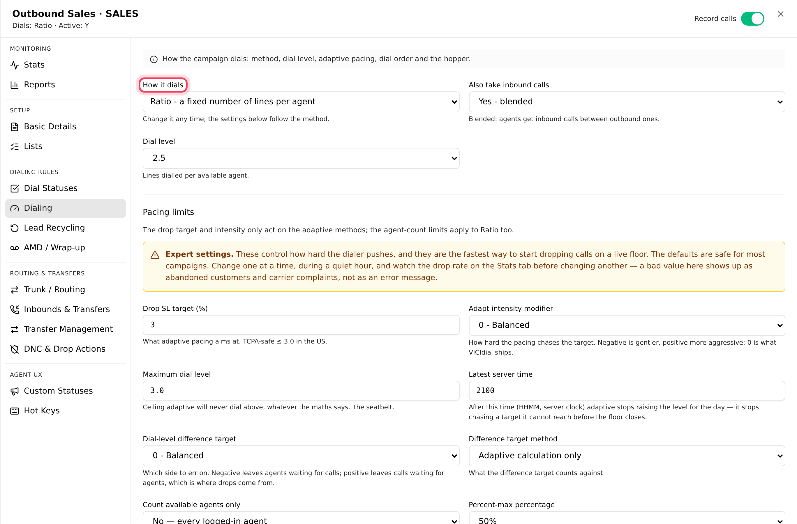 The Dialing tab: how it dials, calling hours, dial order and the hopper