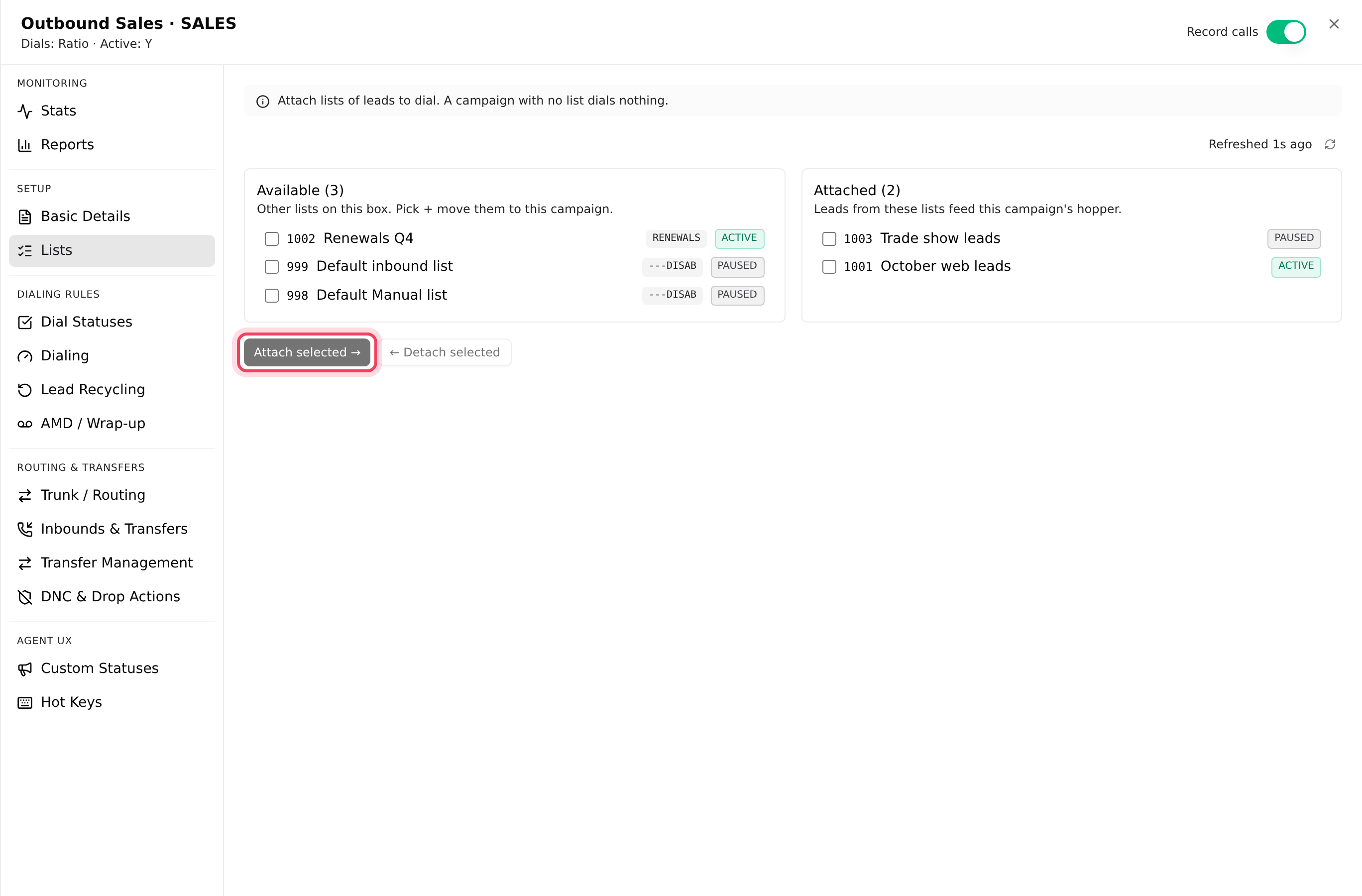 Available lists on the left, attached lists on the right