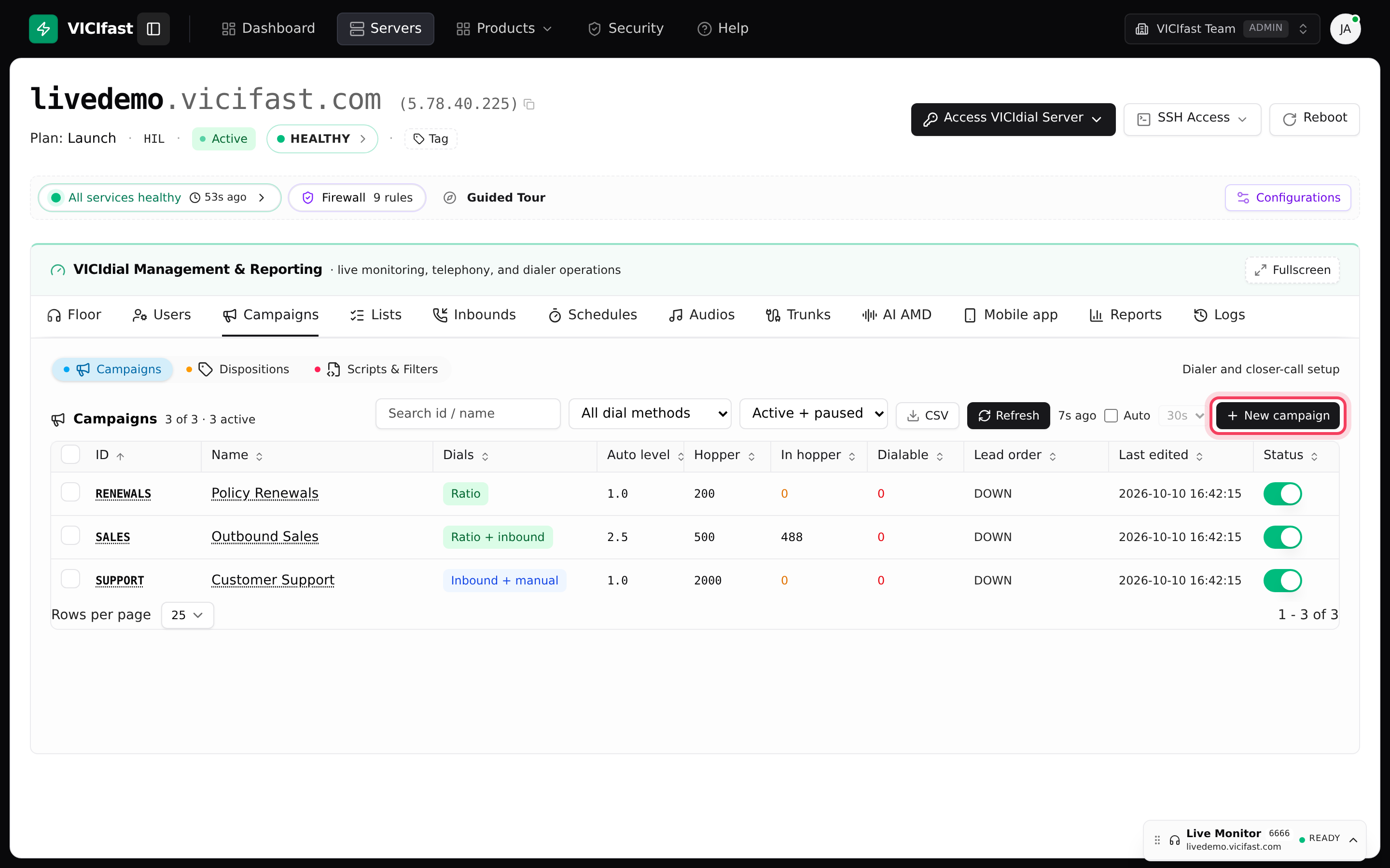 The Campaigns tab, with the New campaign button top right