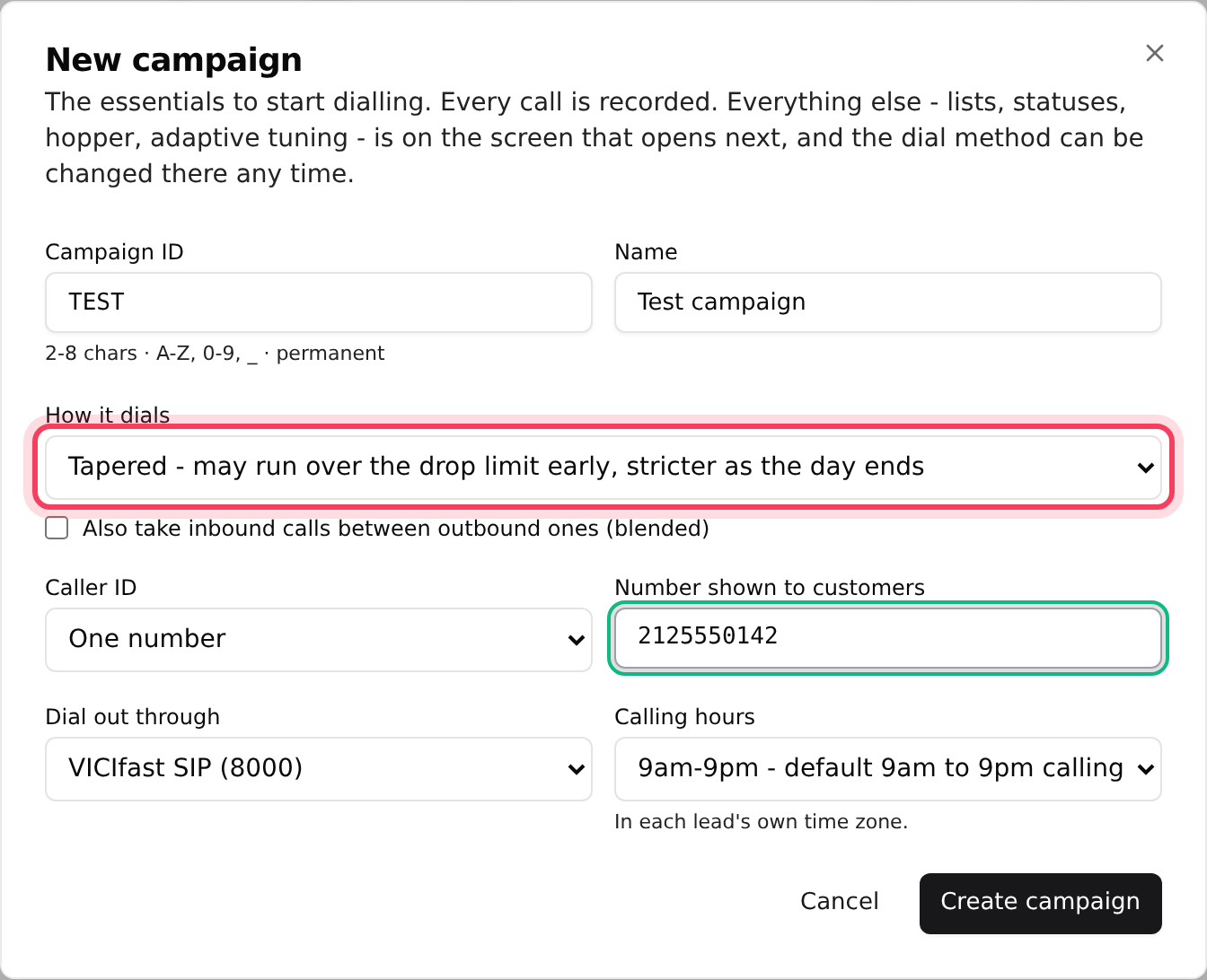 The New campaign form, filled in for a test campaign