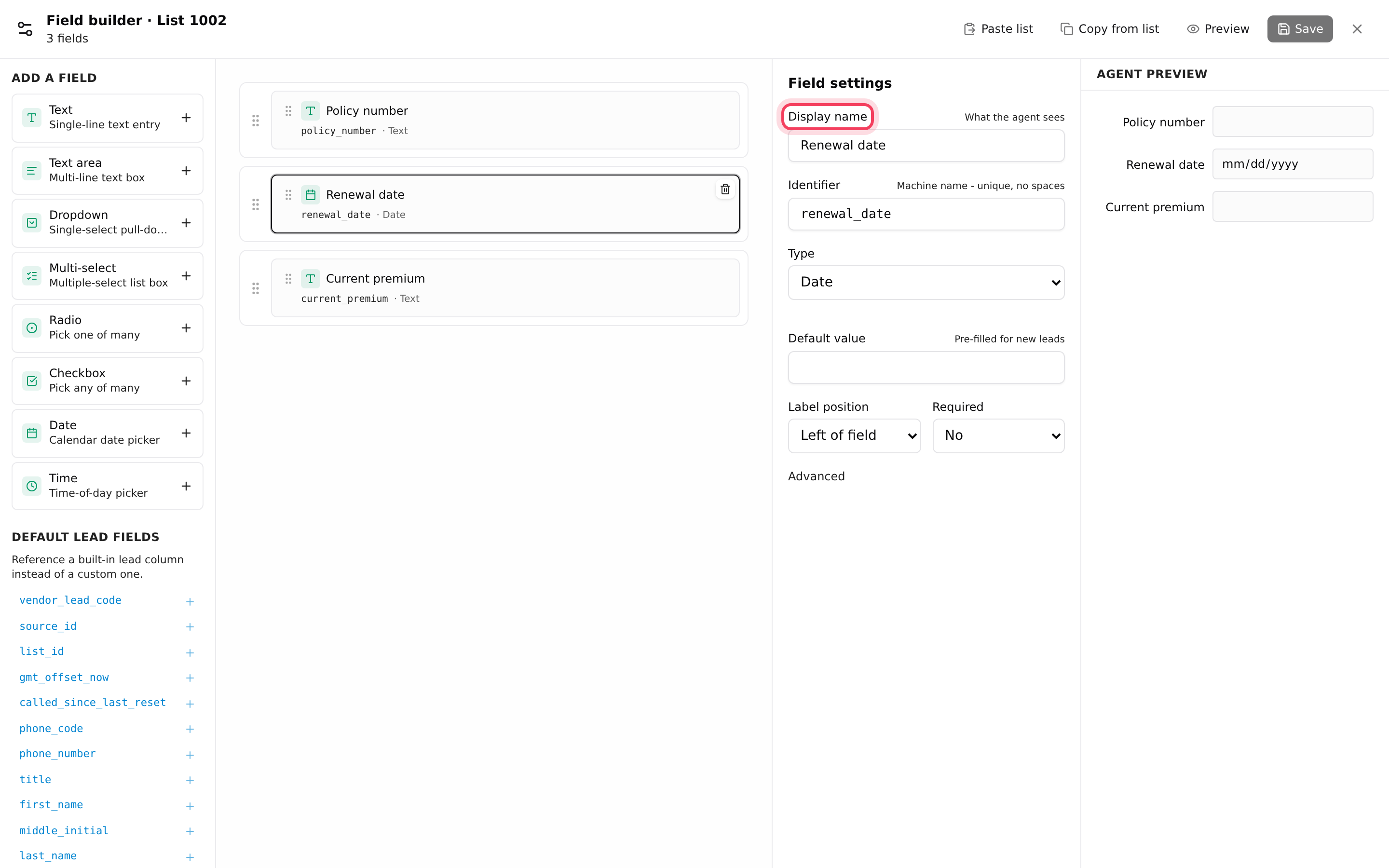 Settings for one field, with the agent preview