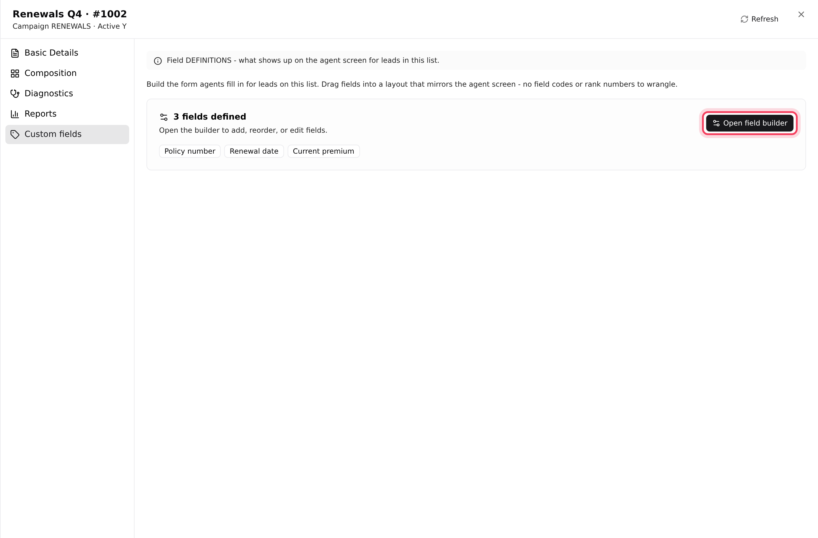 A list’s Custom fields tab, with Open field builder