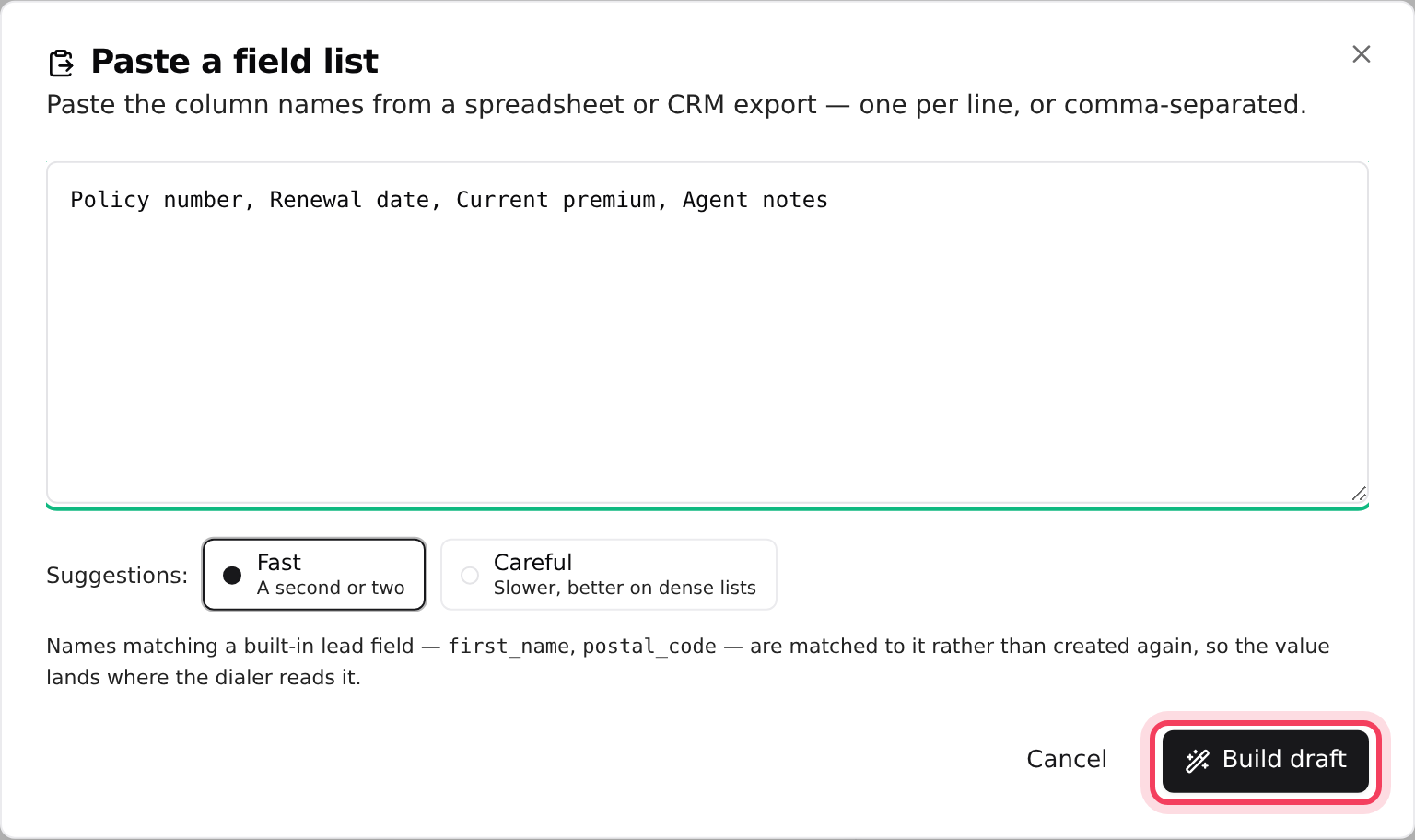 Pasting column names to build a draft form
