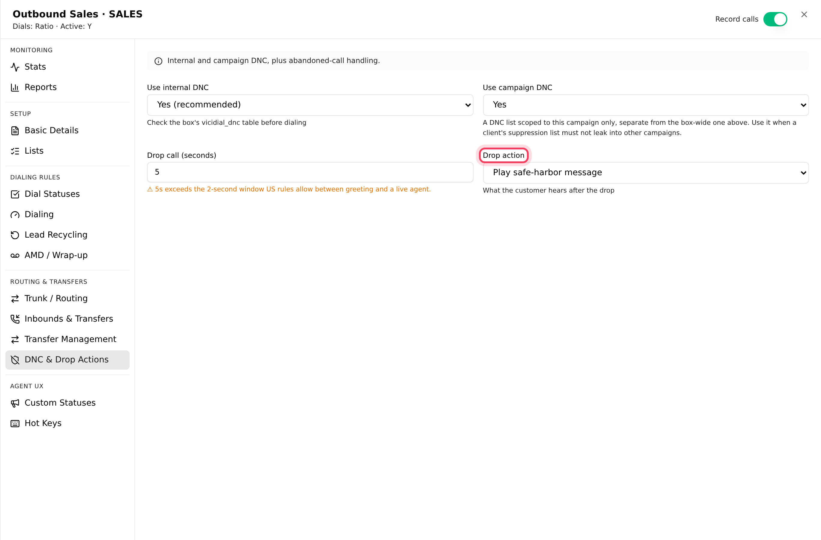 DNC & Drop Actions: drop wait time and what the customer hears