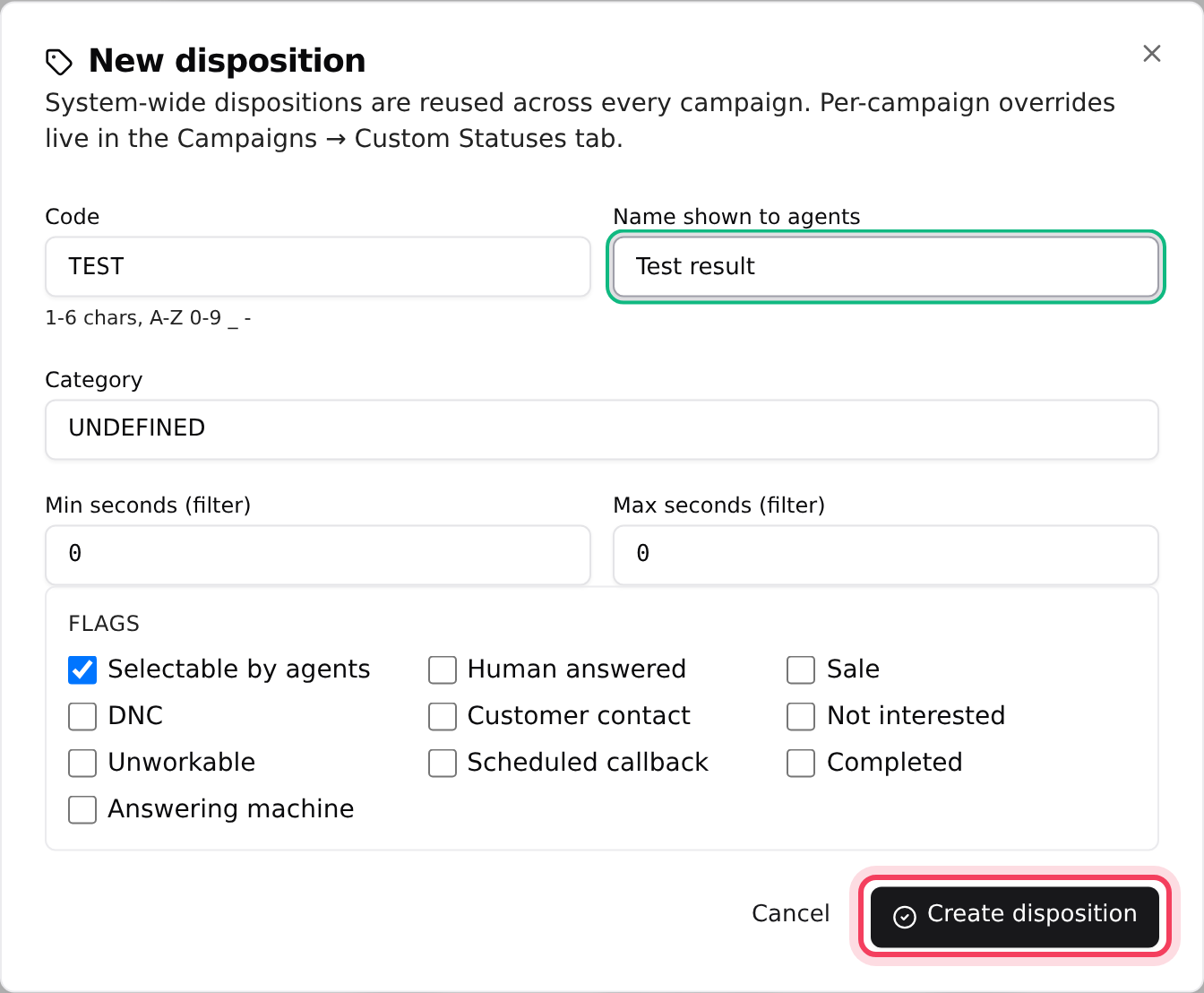 The New disposition form with its flags