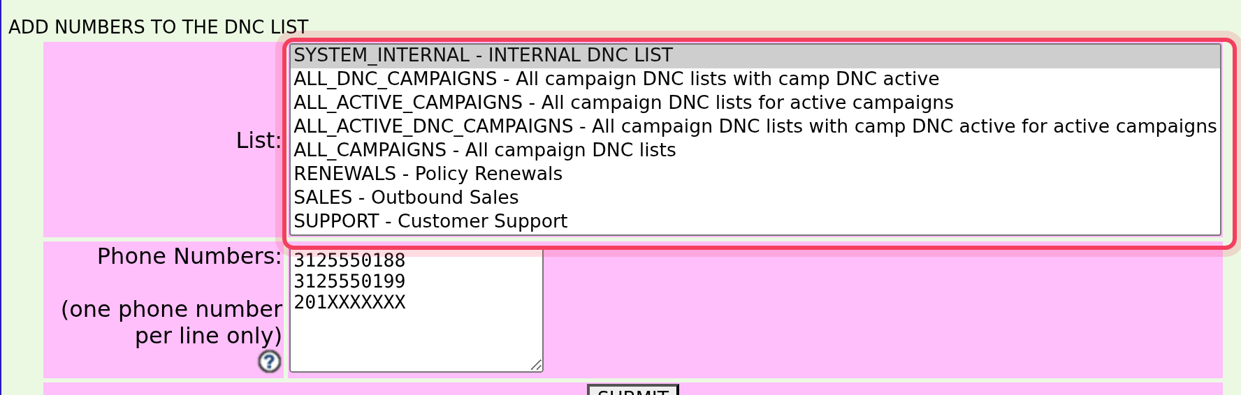 The DNC page: pick a list, then paste one number per line