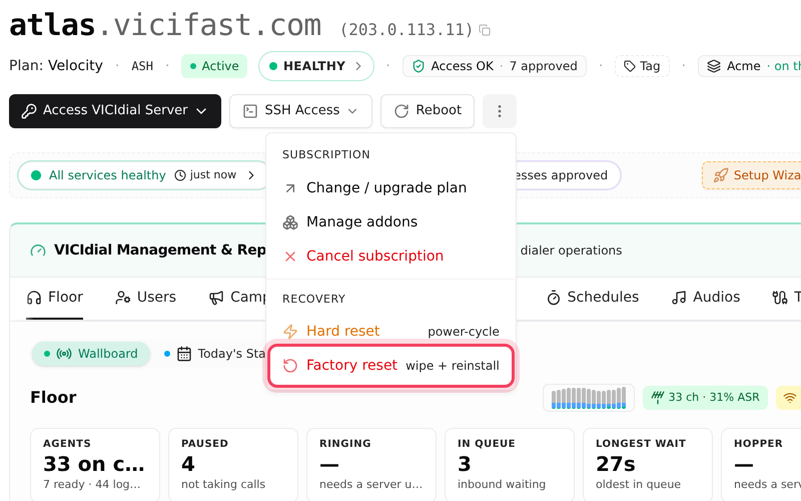 The server actions menu: Cancel subscription and, under Recovery, Factory reset