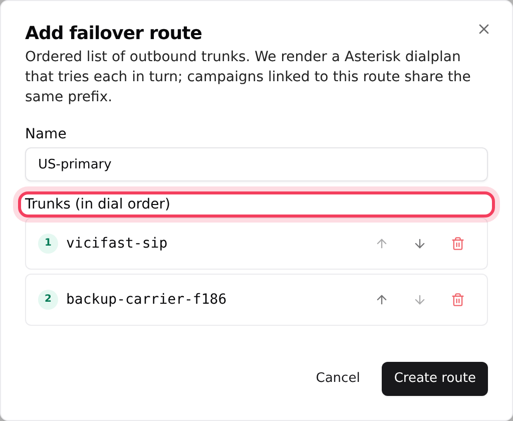 Adding a failover route: the VICIfast line first, a backup carrier second
