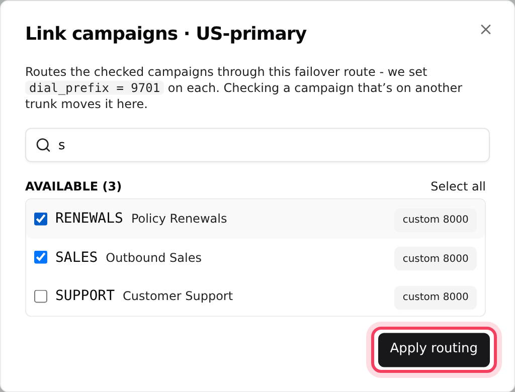 Linking the SALES and RENEWALS campaigns to the route