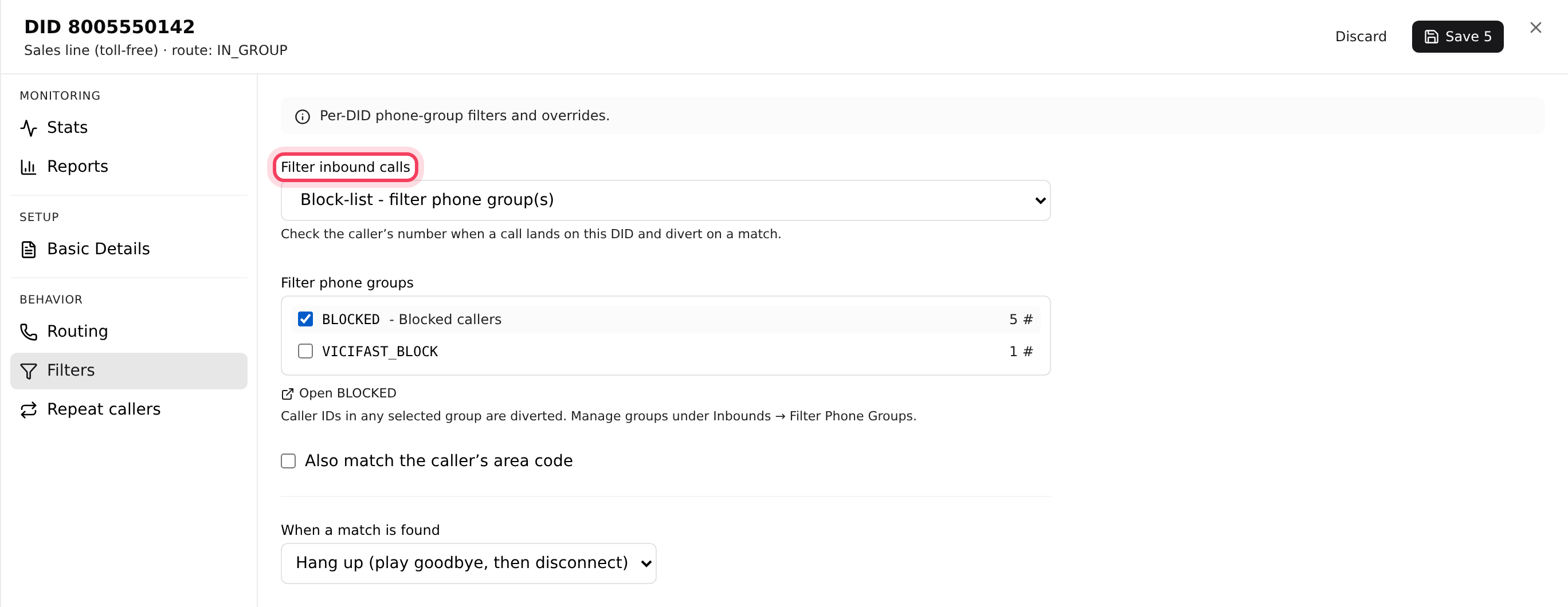 The number's Filters tab, using the BLOCKED group