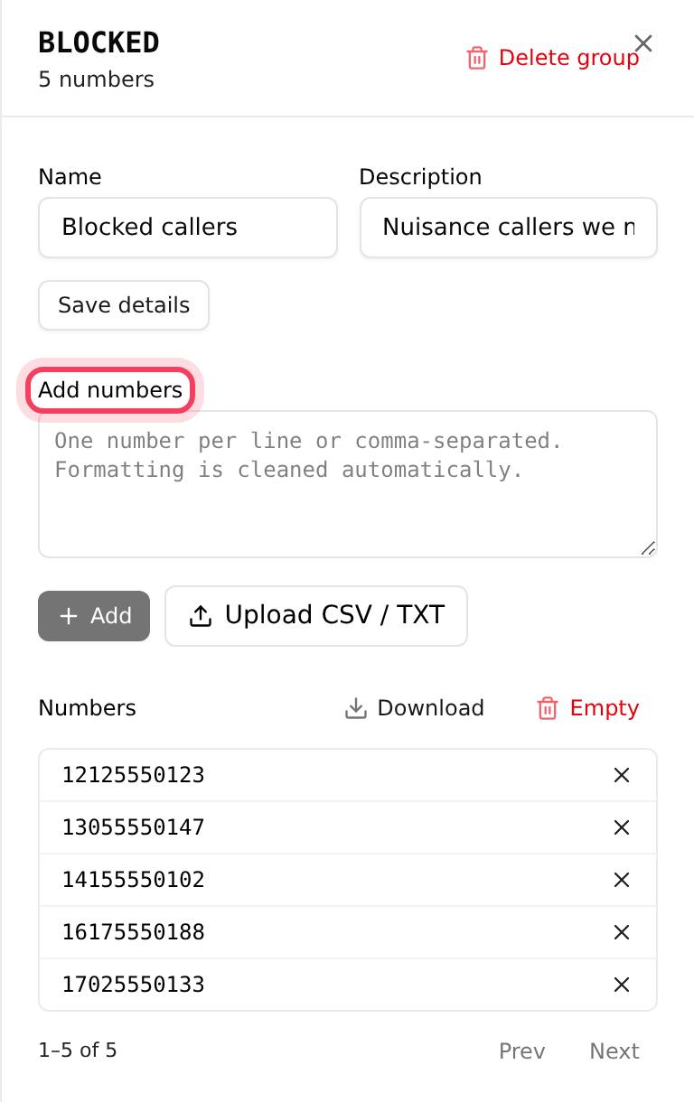 A filter phone group's panel, with its numbers listed