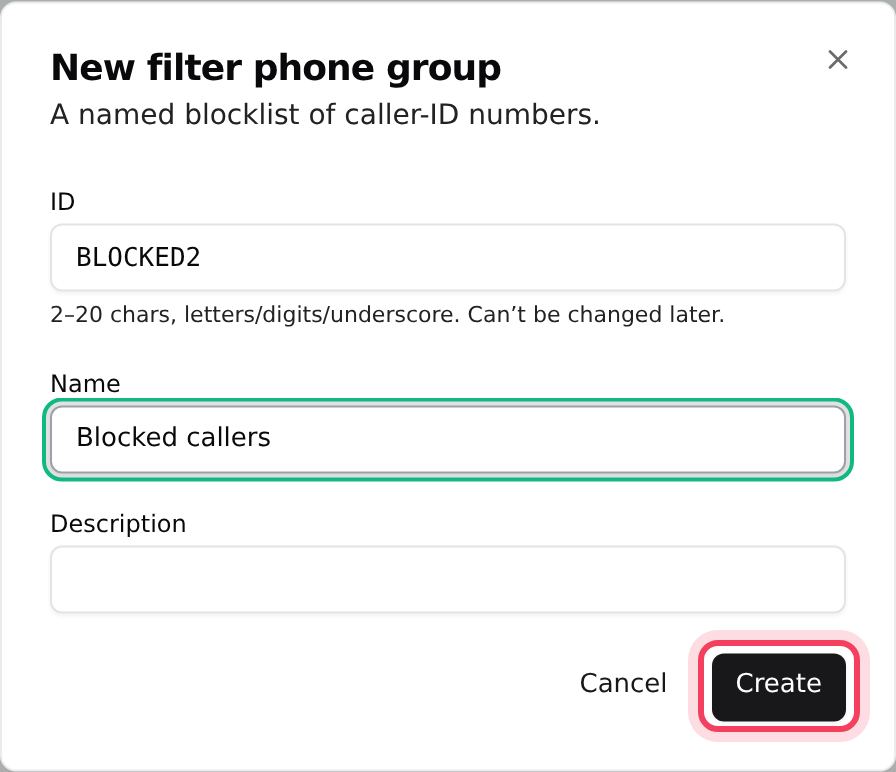 The New filter phone group window
