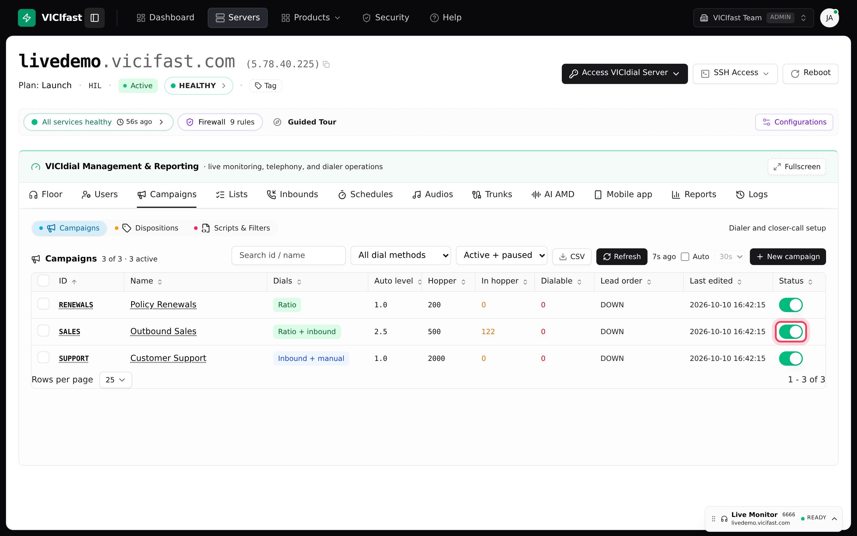 The Campaigns tab: the Status switch and In hopper