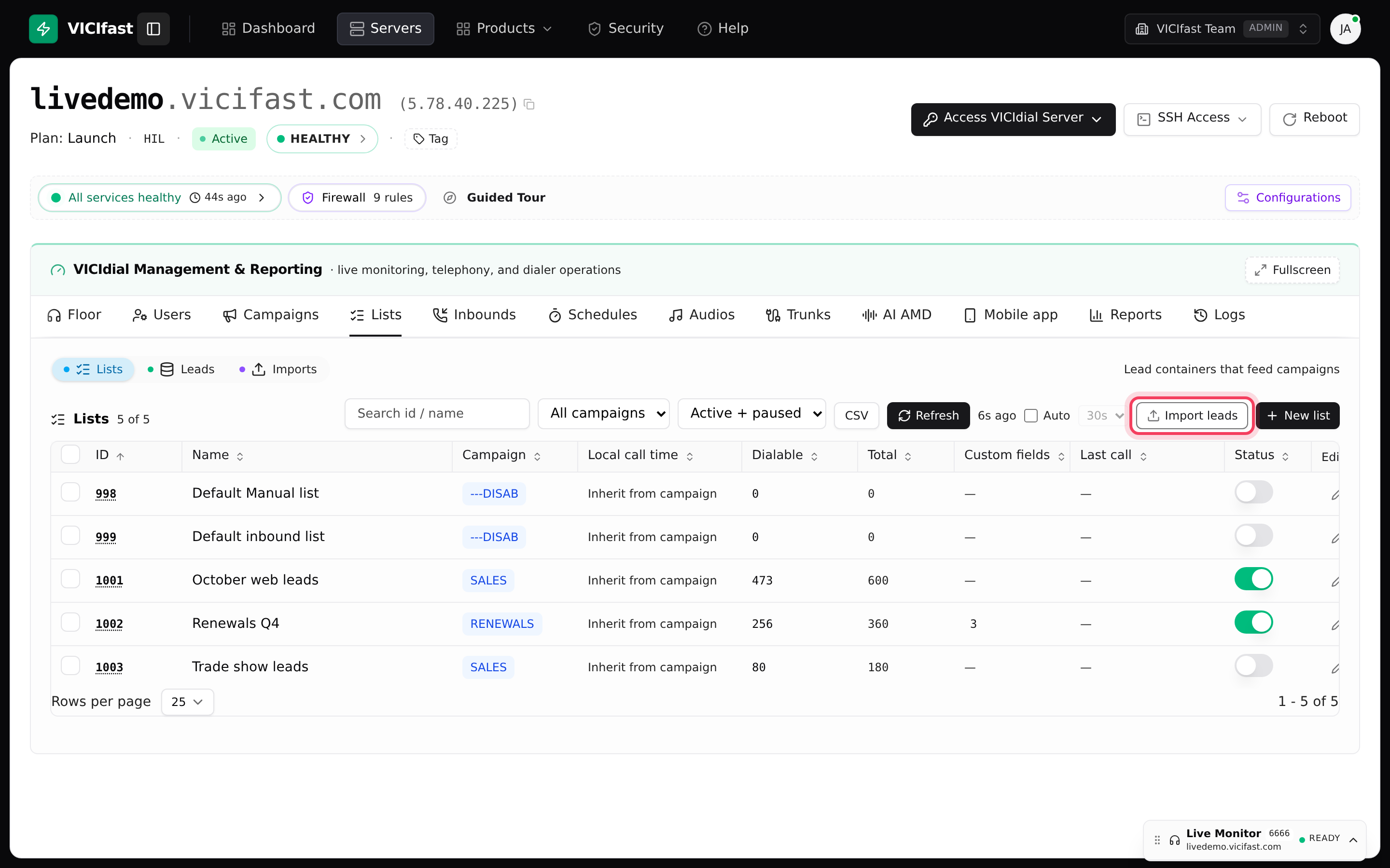 The Lists tab with the Import leads button