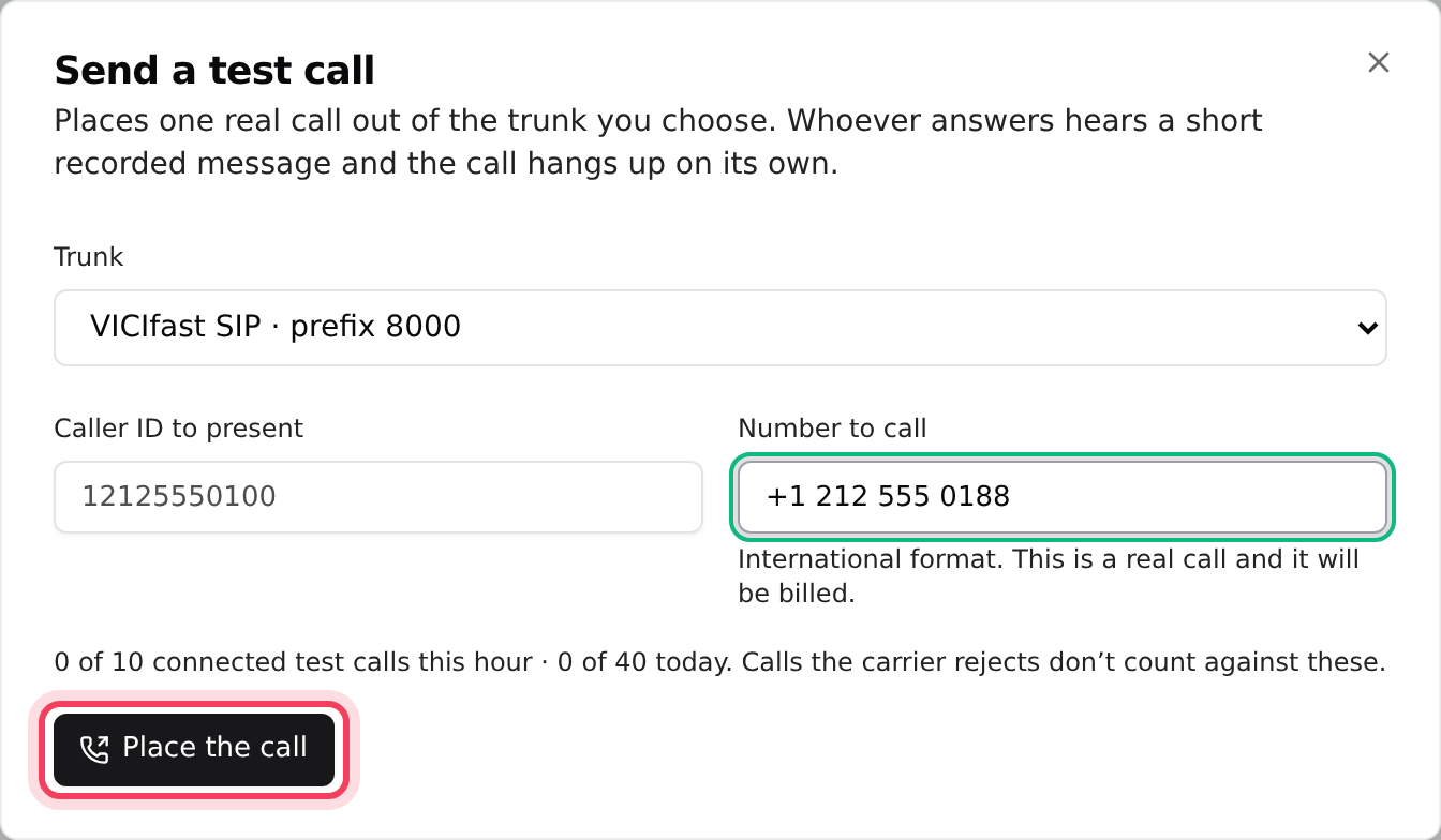 Send a test call, on the Trunks tab