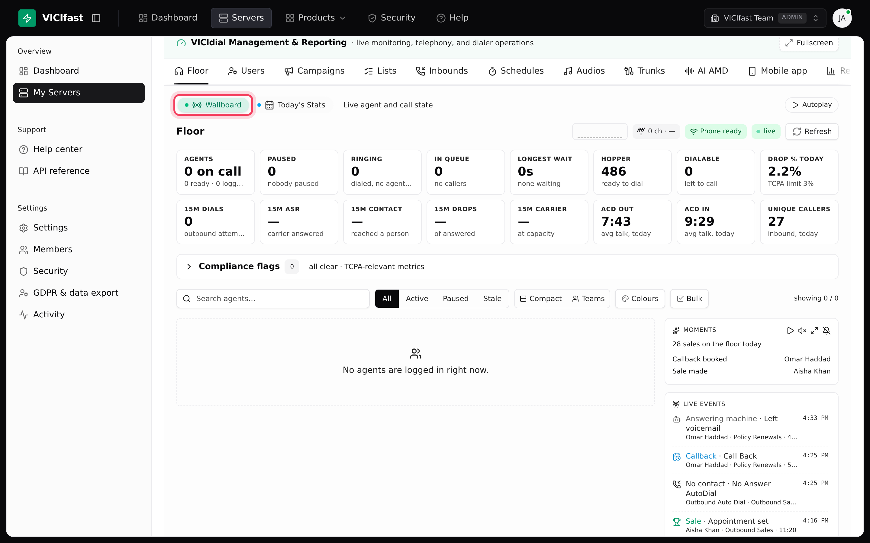 The Floor tab with the Wallboard chip selected. Agent cards appear under the filter row when agents log in