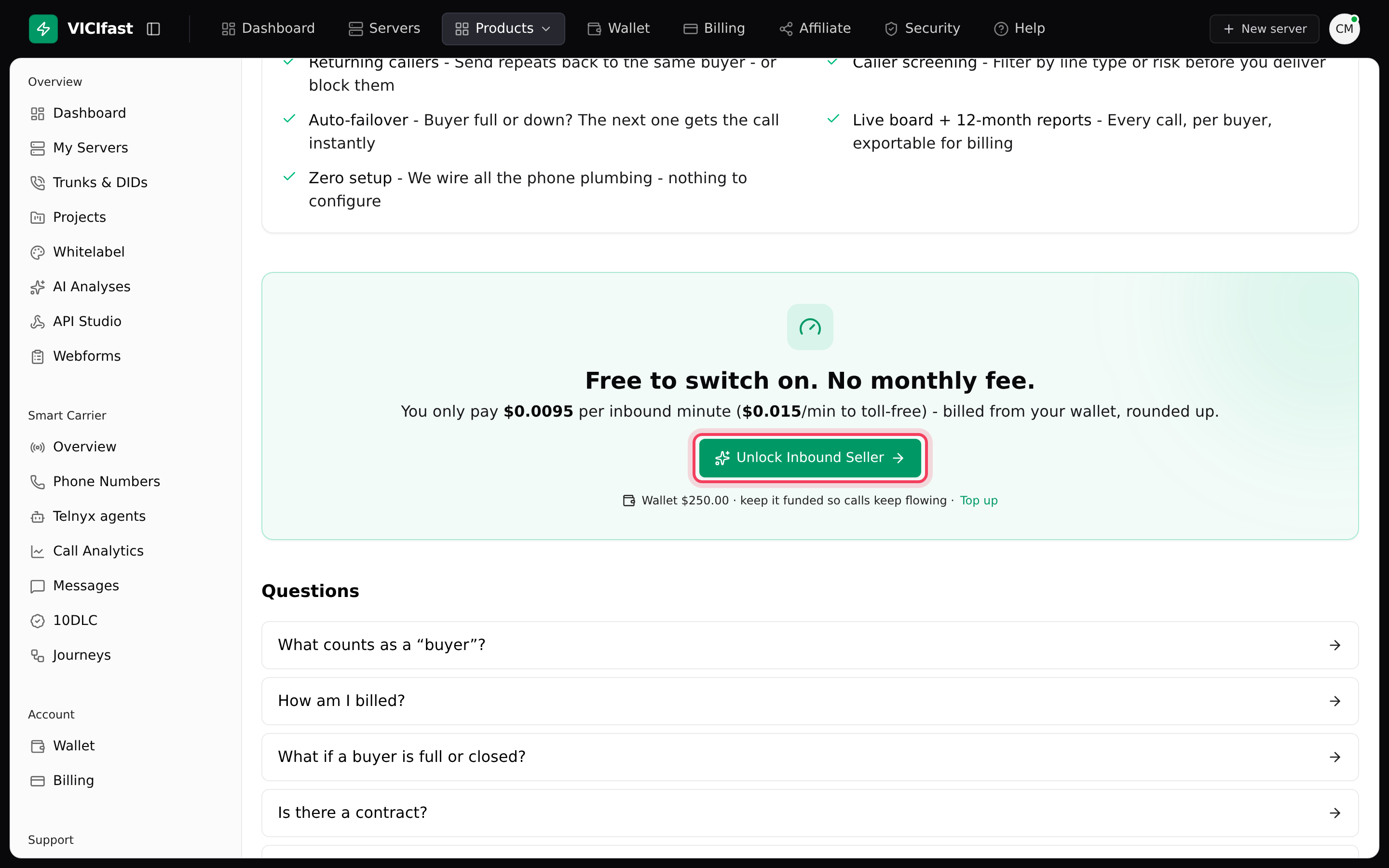 The Inbound Seller page before switching on, showing the price per inbound minute
