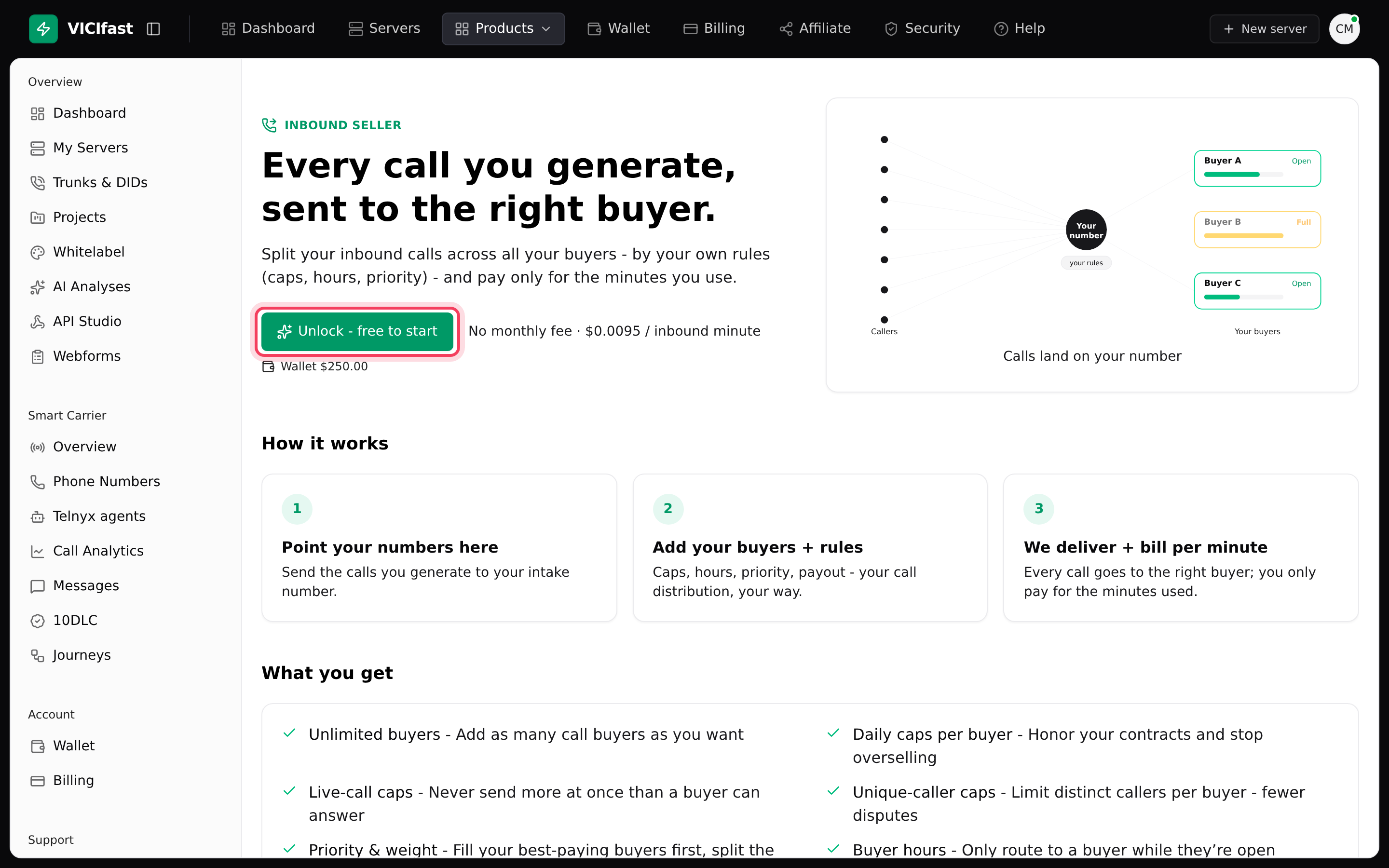 The Inbound Seller page before you switch it on, with the Unlock button and your price